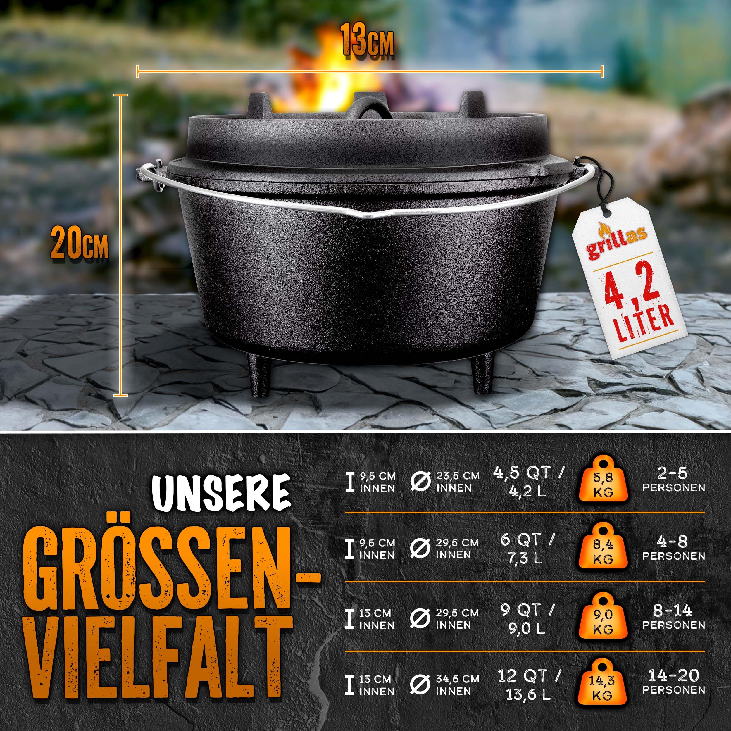 grillas Dutch Oven Set inkl. Rezeptideen | bereits eingebrannt - preseasoned | Feuertopf Gusseisen I Bräter mit Deckelheber und Henkel (Topf mit Füße, 4,2 Liter / 4,5 QT)