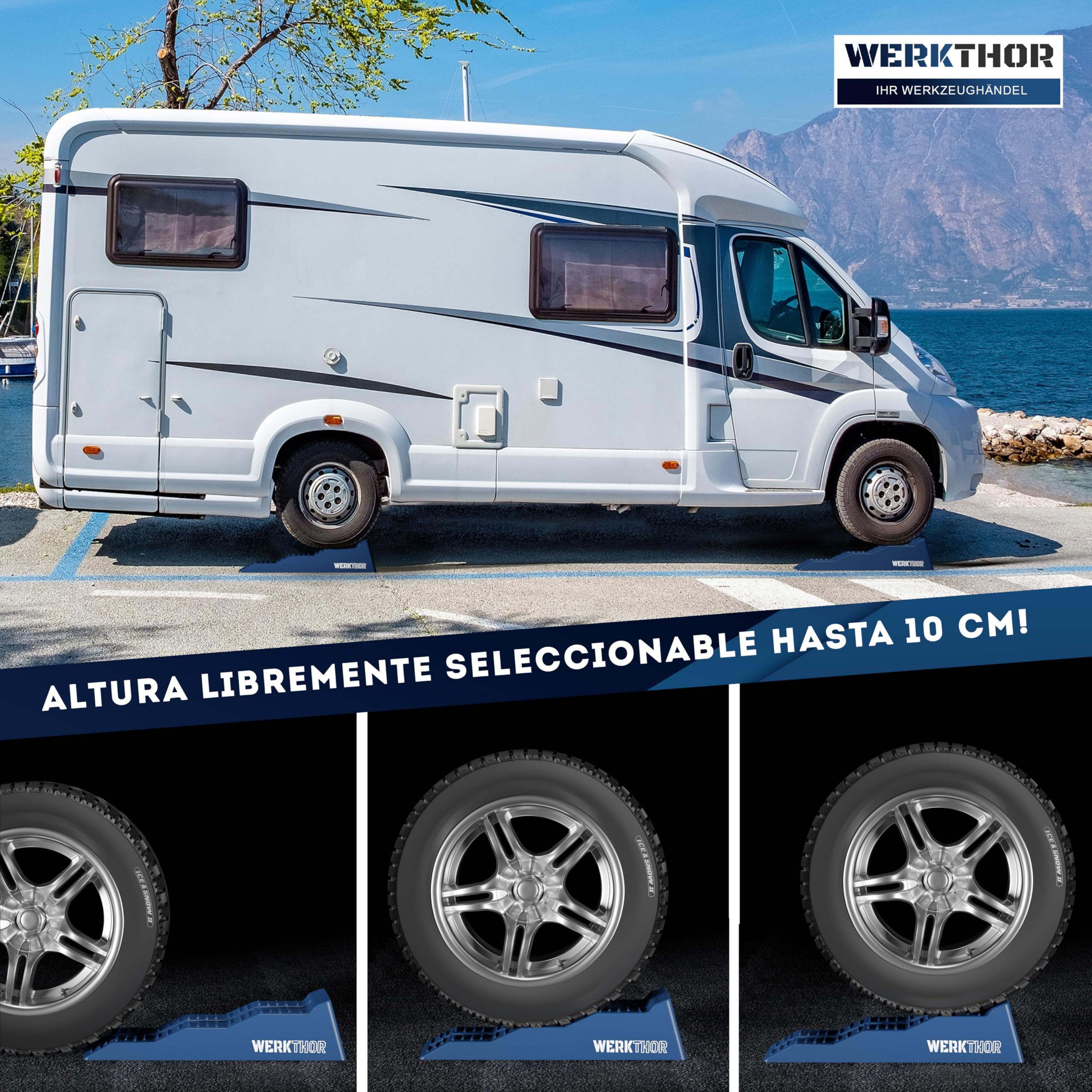 WERKTHOR Cuñas para autocaravanas (azules) [juego de 2] | Cuñas estables para caravanas y autocaravanas <5t | Nivelación segura y diseño robusto para cualquier superficie
