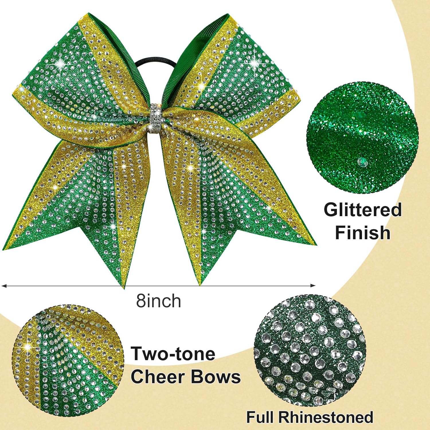 DEEKA 6PCS 8" Large Glitter Green and Gold Cheer Bows Two Toned Rhinestones Stiff Cheer Hair Bows Elastic Band Competition Bows for Cheerleader Team Girls Sports -Green/Gold