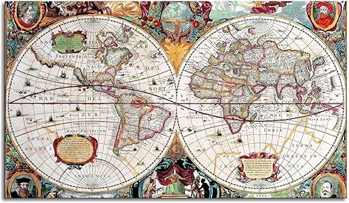 Arte de pared de mapa del mundo vintage para sala de estar, dormitorio, lienzo, pósteres impresos, decoración sin marco, 42 x 24 pulgadas