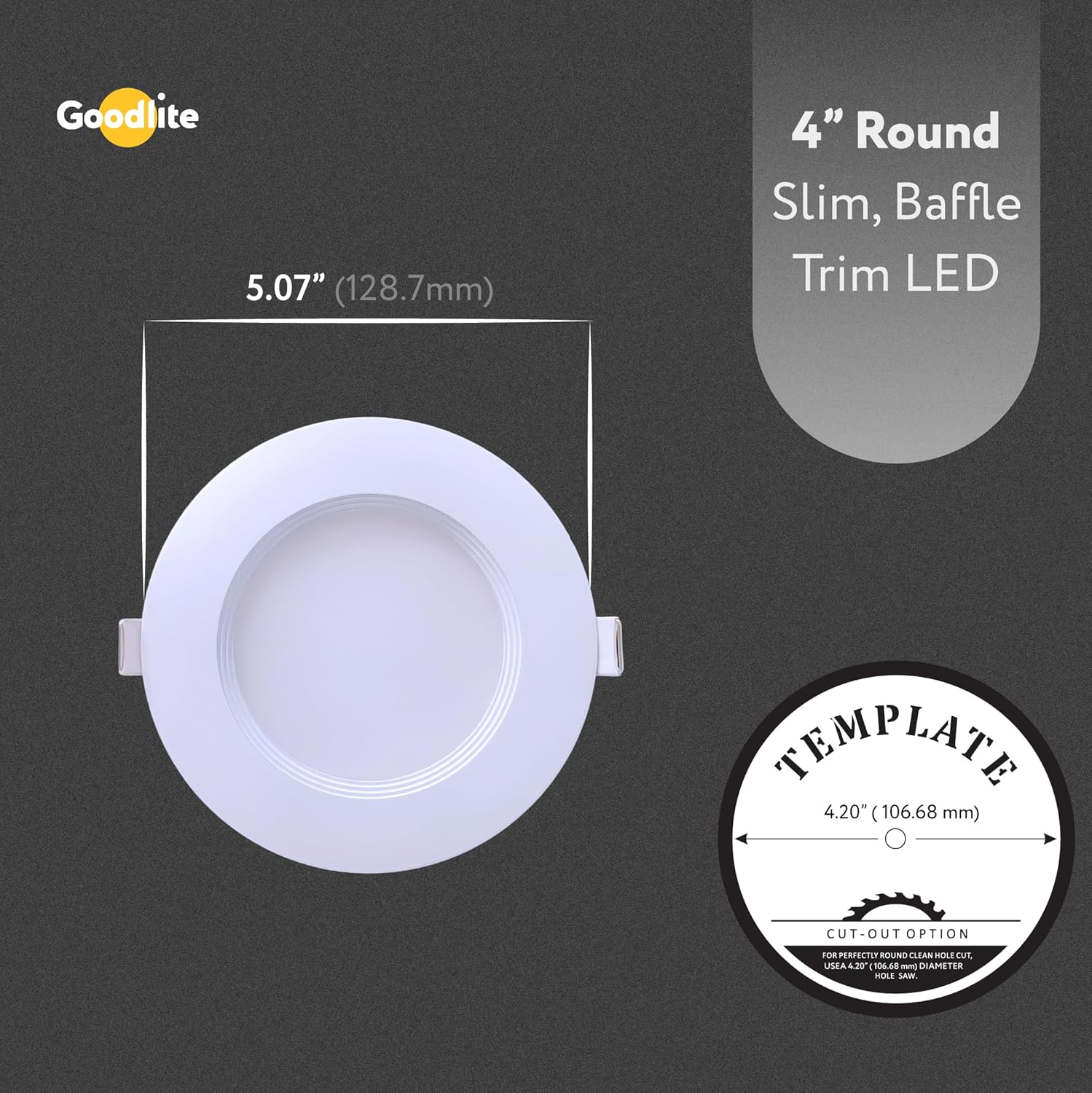 Goodlite 4" LED Round, Recessed Ultra Slim Baffle-Trim Fixture, 12W, 120-277V, CRI 90+, Wet & ETL, Triac & 0-10V Dimming, 1000 Lumens, Color Selectable 2700k-3000k-3500k-4100k-5000k, 1ct (G-97822)