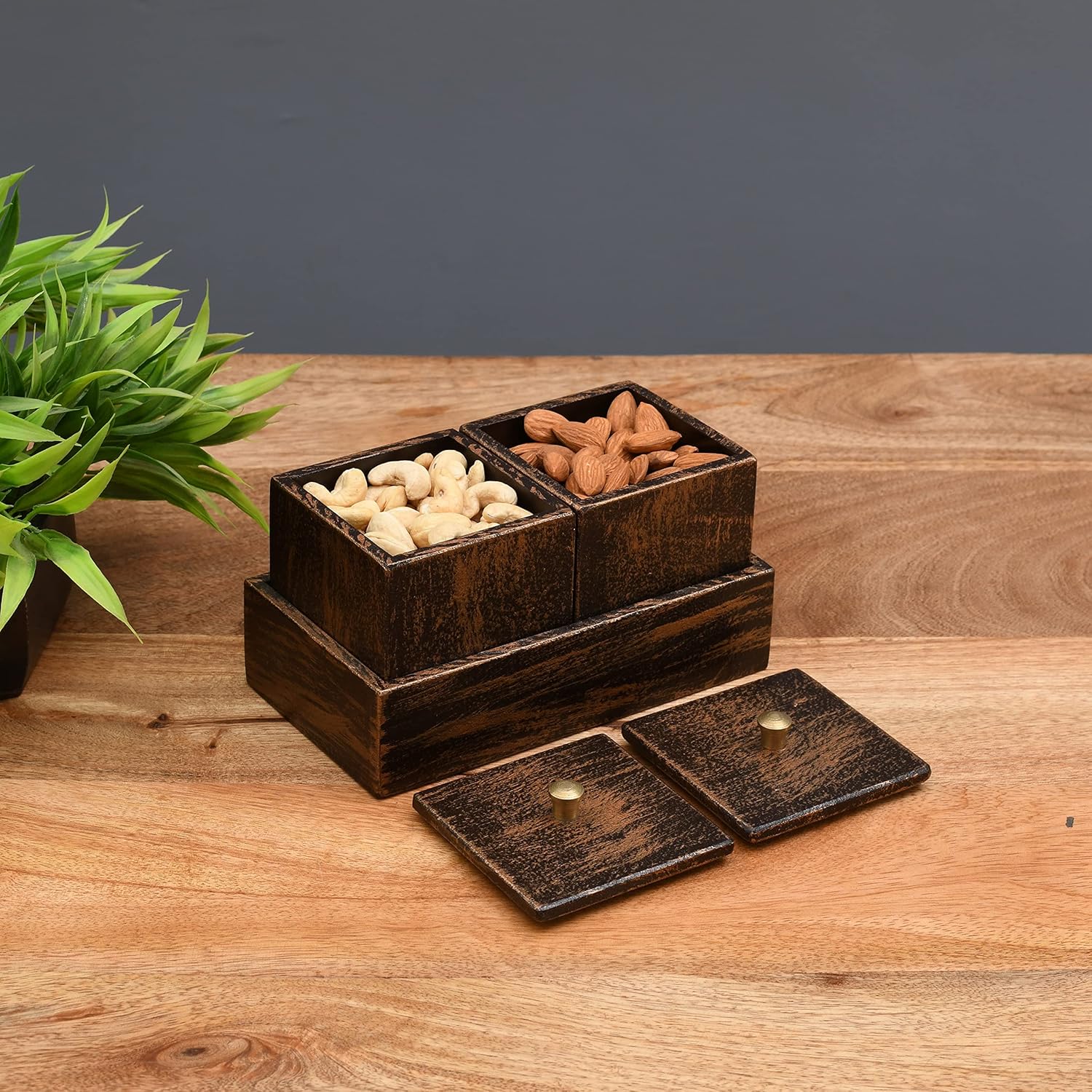 Woodee MDF Wooden Handcrafted 2 Dry Fruit Container with Lid Storage