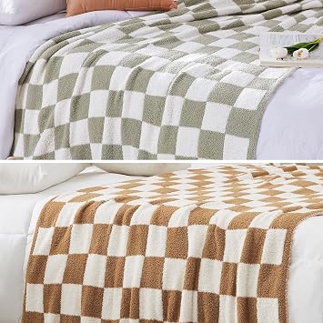 WRENSONGE Soft Checkered Throw Blanket Sage Green 60"x80" and Warm Throw Blanket Burnt Orange 60"x80"