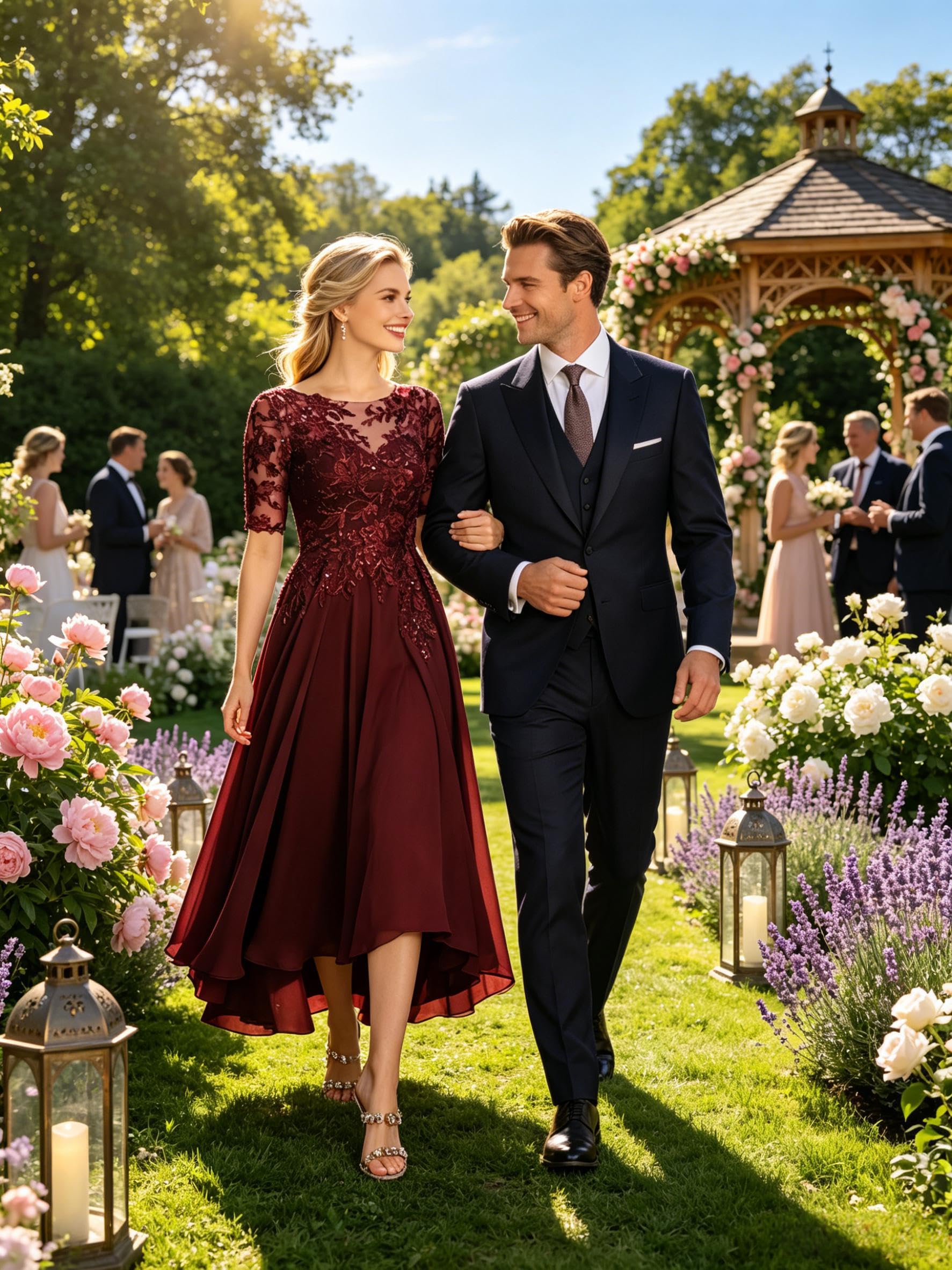 Spitzen-Applikationen, U-Boot-Ausschnitt, Brautmutter-Kleid, Chiffon, halbe Ärmel, Tee-Länge, Hochzeitsgästekleid für Damen