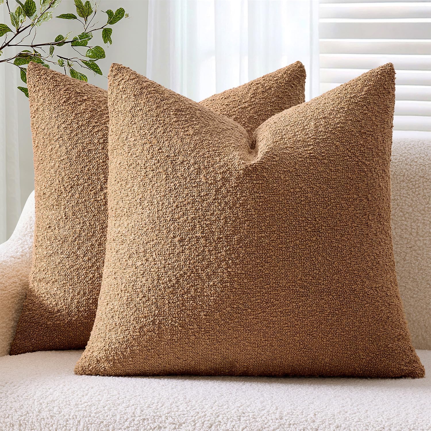 ANRODUO Pack of 2 Textured Boucle Throw Pillow Covers Soft Tobacco Brown Euro Decorative Accent Solid Pillow Cases Cozy Modern Couch Cushion Case for Sofa Bedroom Living Room Home Decor, 26 x 26 Inch