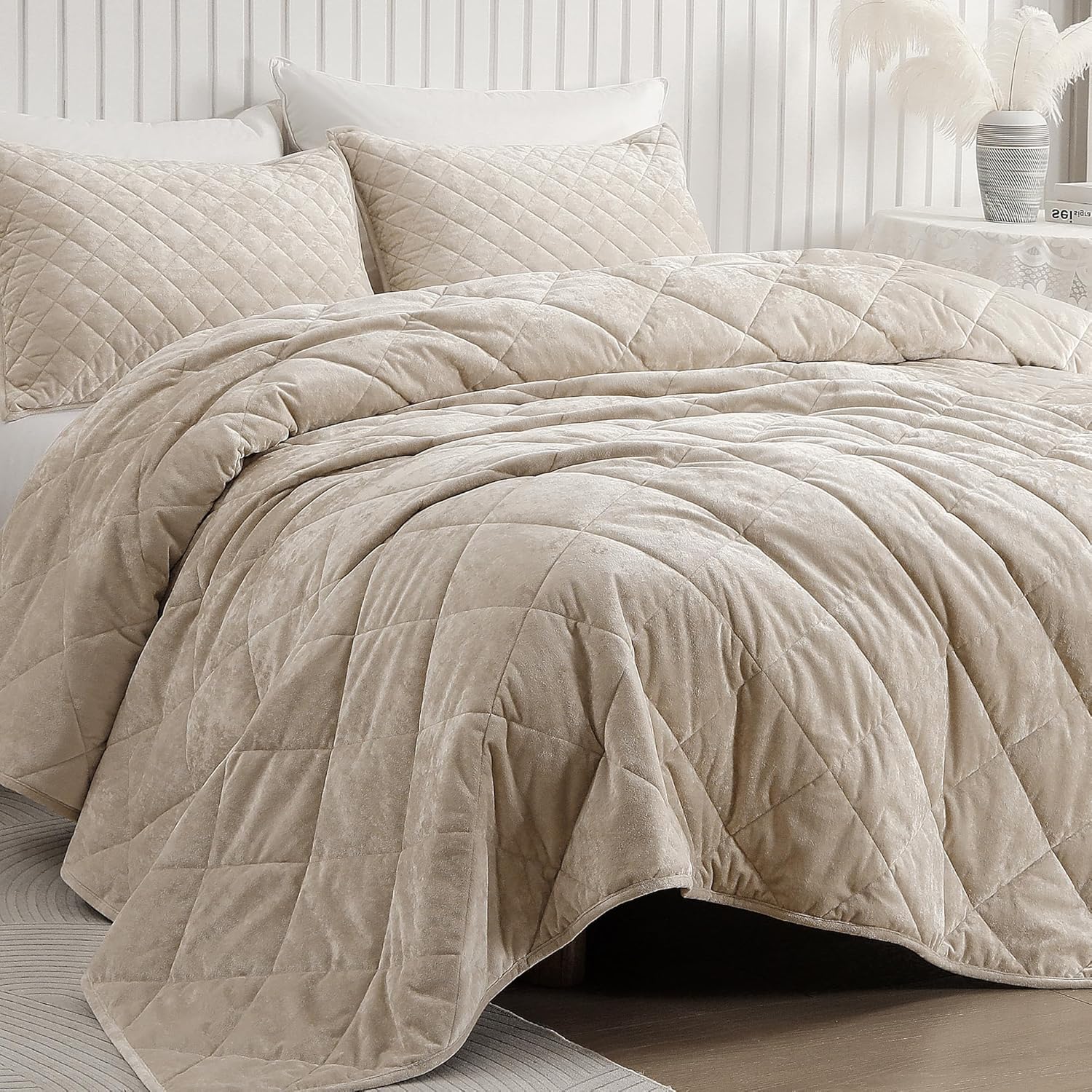 SHALALA Beige Velvet Comforter,Queen Bedding Quilt Sets,Lightweight Comforters