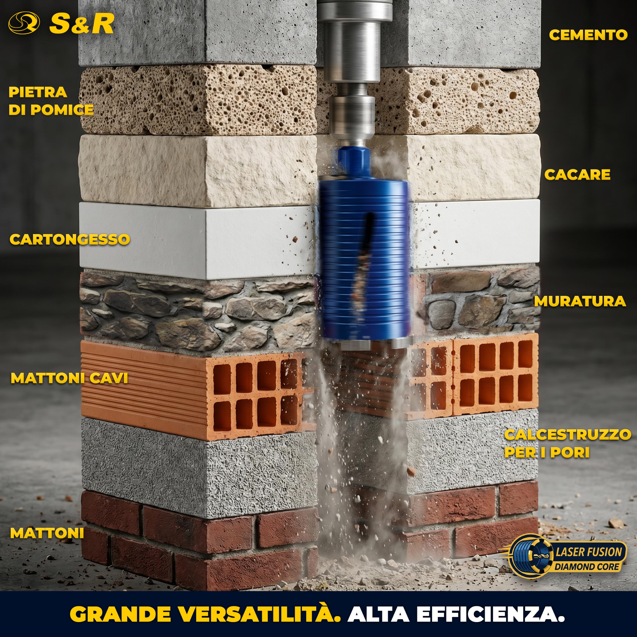 S&R Sega a Tazza Diamantata 122 x 200mm. Fresa Cemento 63 SDS-Plus | Punta Diamante cemento 122 x 200mm M22 - Corona Carotatrice Cemento - Sega a Tazza Diamantata Professionale
