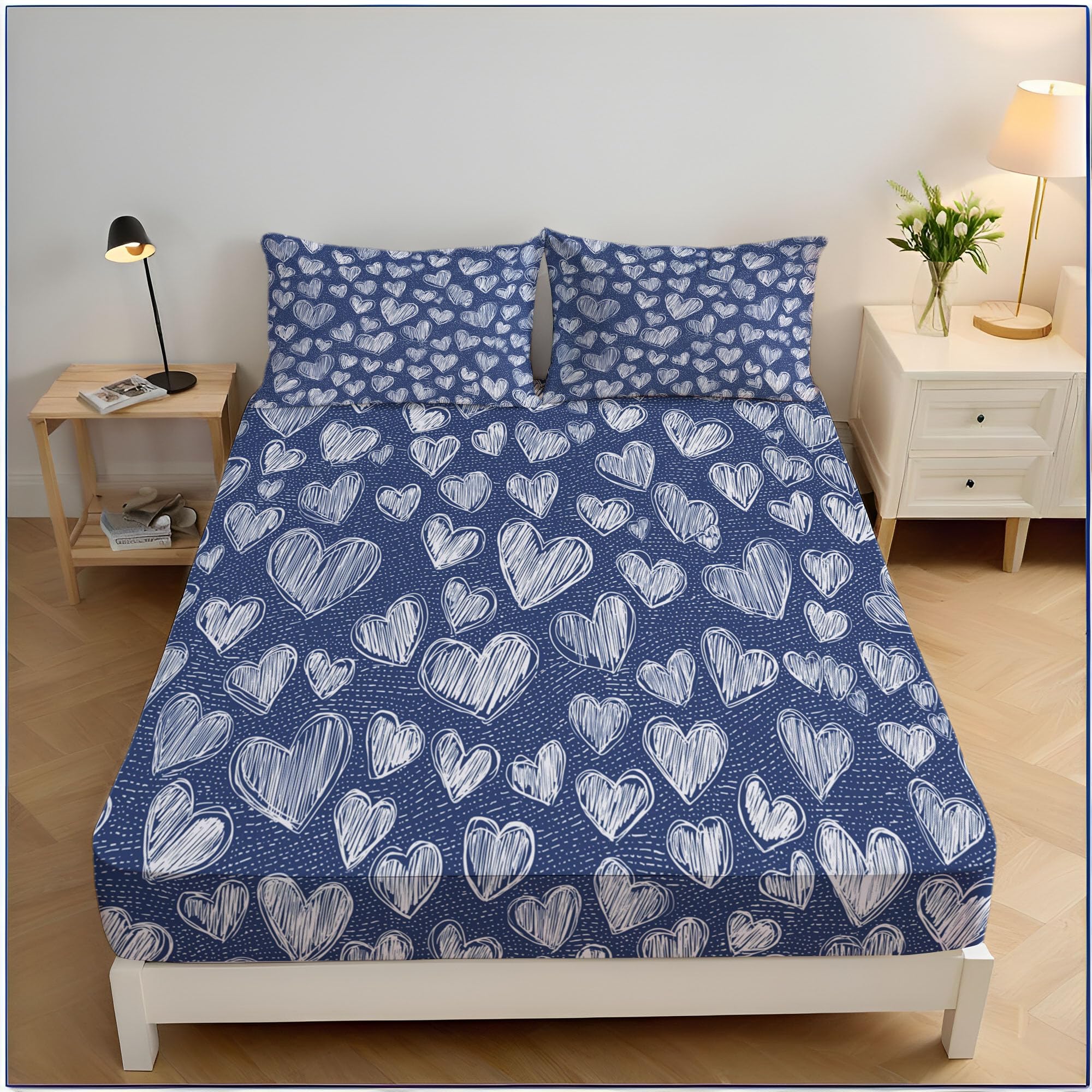 Drap housse 140x200cm bonnet 30 cm anti-glisse microfibre lavable bleu