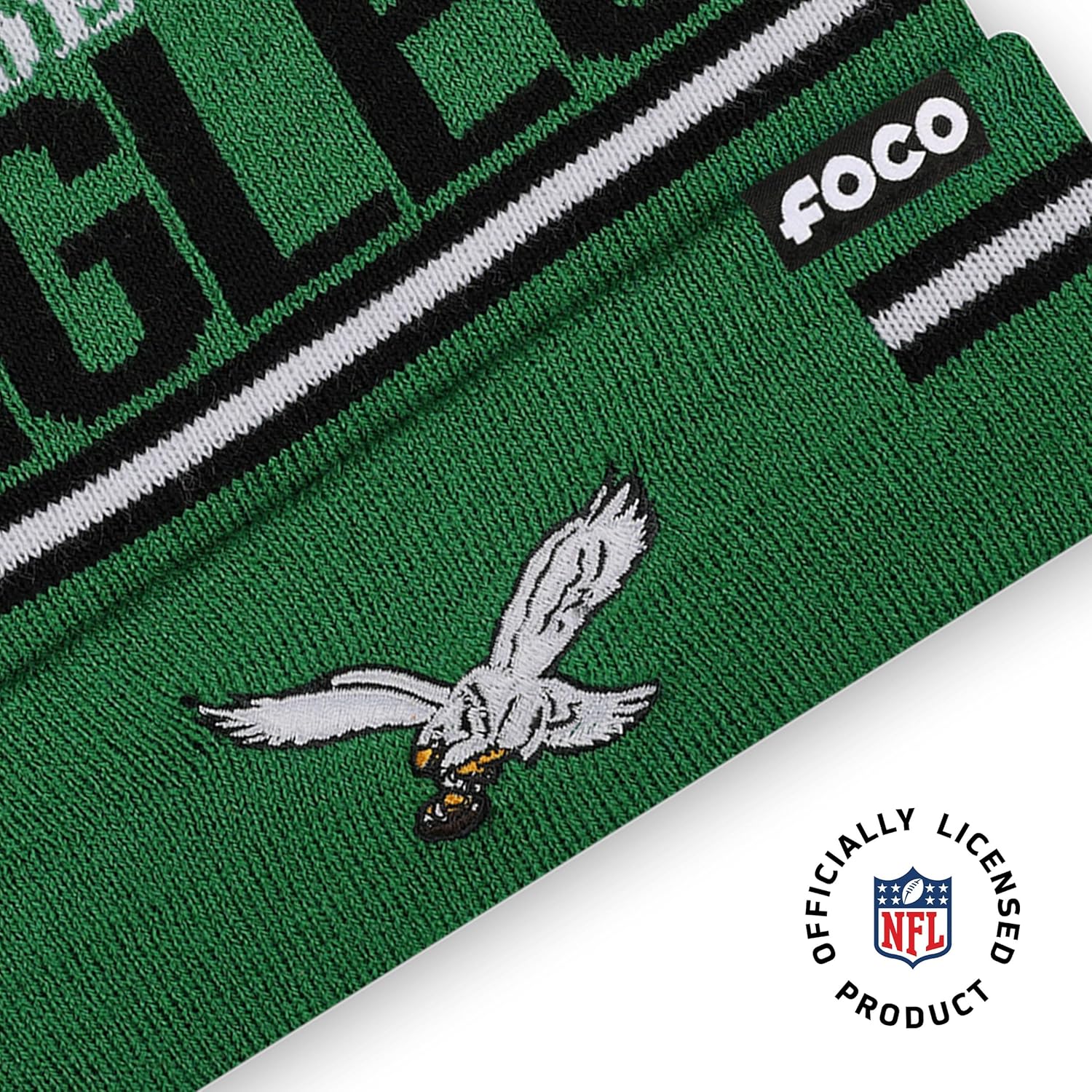 FOCO NFL Team Logo Big Wordmark Stripe Pom Beanie Hat - Image 3