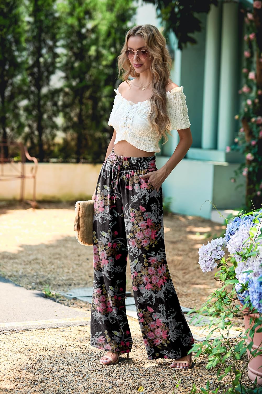 Women's High Waisted Wide Leg Pants Flowy Palazzo Pants Work Casual Tie Knot Pants with Pockets - Image 2