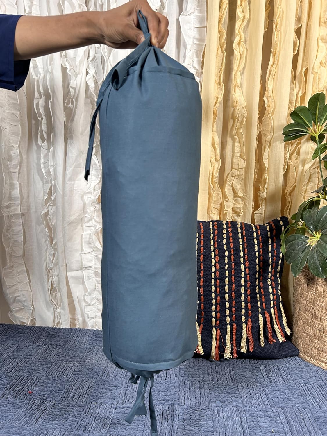 2 Pcs Cervical Neck Roll Pillow Cover with Drawstring Closures Round Neck Roll Pillow Case Cotton Bolster Pillowcases for Cylindrical Cushion (Grey, 6 x13 inch (15x33 cm))