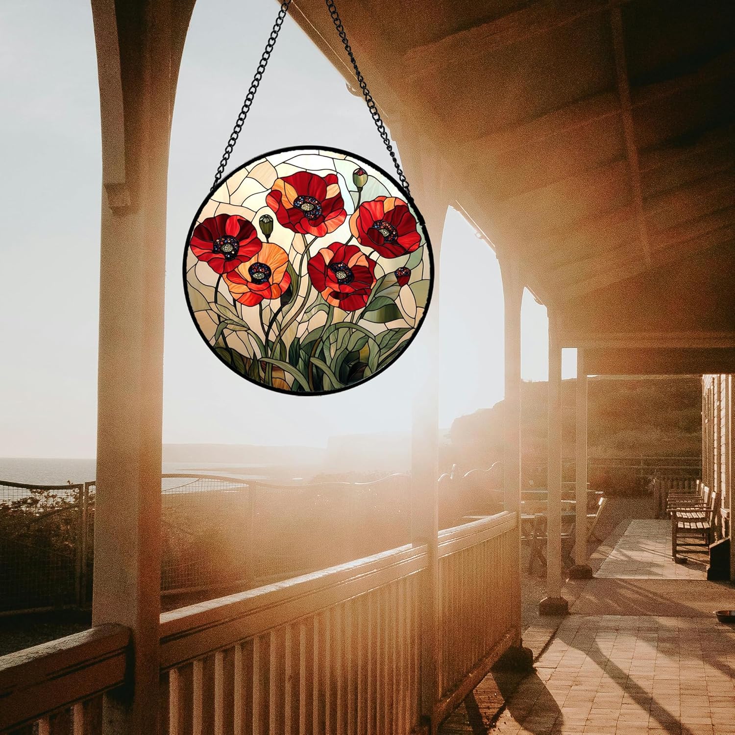 Stained Glass Window Hanging - Red Wildflowers Suncatcher for Door Garden Yard Flowers Sun Catchers Decor Christmas Mother's Day Birthday Gifts for Women Mom Nana Friend Men 11.8 in