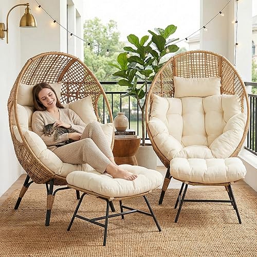 Miniatura 16 de NICESOUL Silla con forma de huevo de mimbre con otomano, silla de salón con cesta de huevo para interior y exterior con cojín, asiento de huevo
