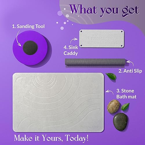Miniatura 6 de PURRPALAZZO Tapete de baño de piedra de ducha de alta calidad con organizador de piedra, tapete de piedra de baño de secado rápido, súper
