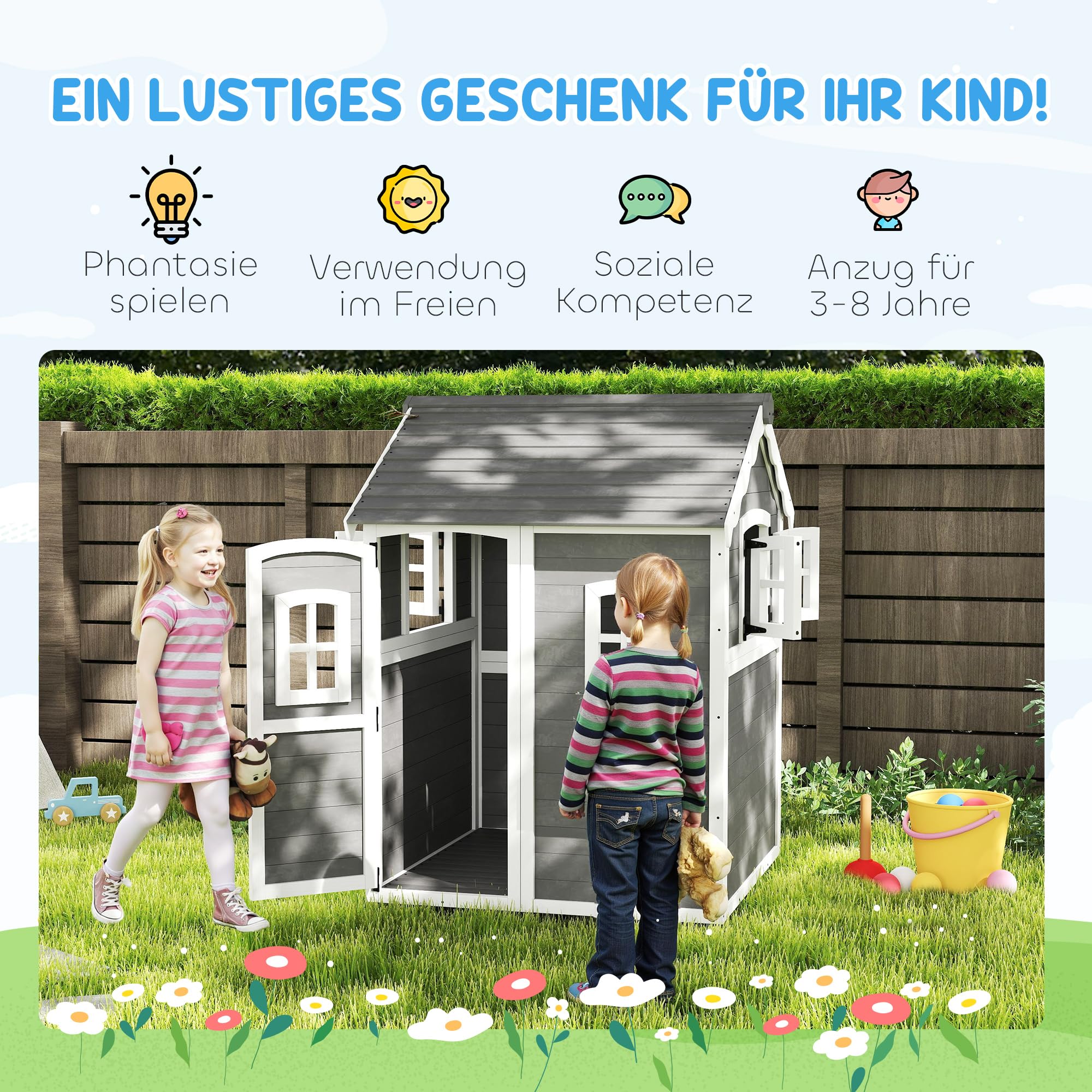 Outsunny Kinderspielhaus aus Holz mit Tür, Fenster, Gartenhaus Pflanzkasten für Kinder 3-8 Jahre