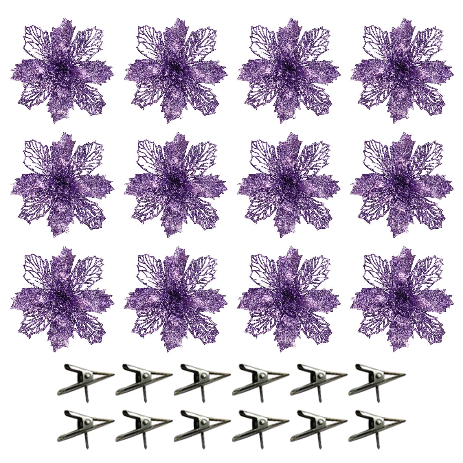 LEMCC 12PCS Christmas Glitter Poinsettia 16cm Artificial Purple Poinsettia Flowers with Clips Christmas Tree Flowers decorations for Xmas Tree Wreaths Garland Holiday Decor