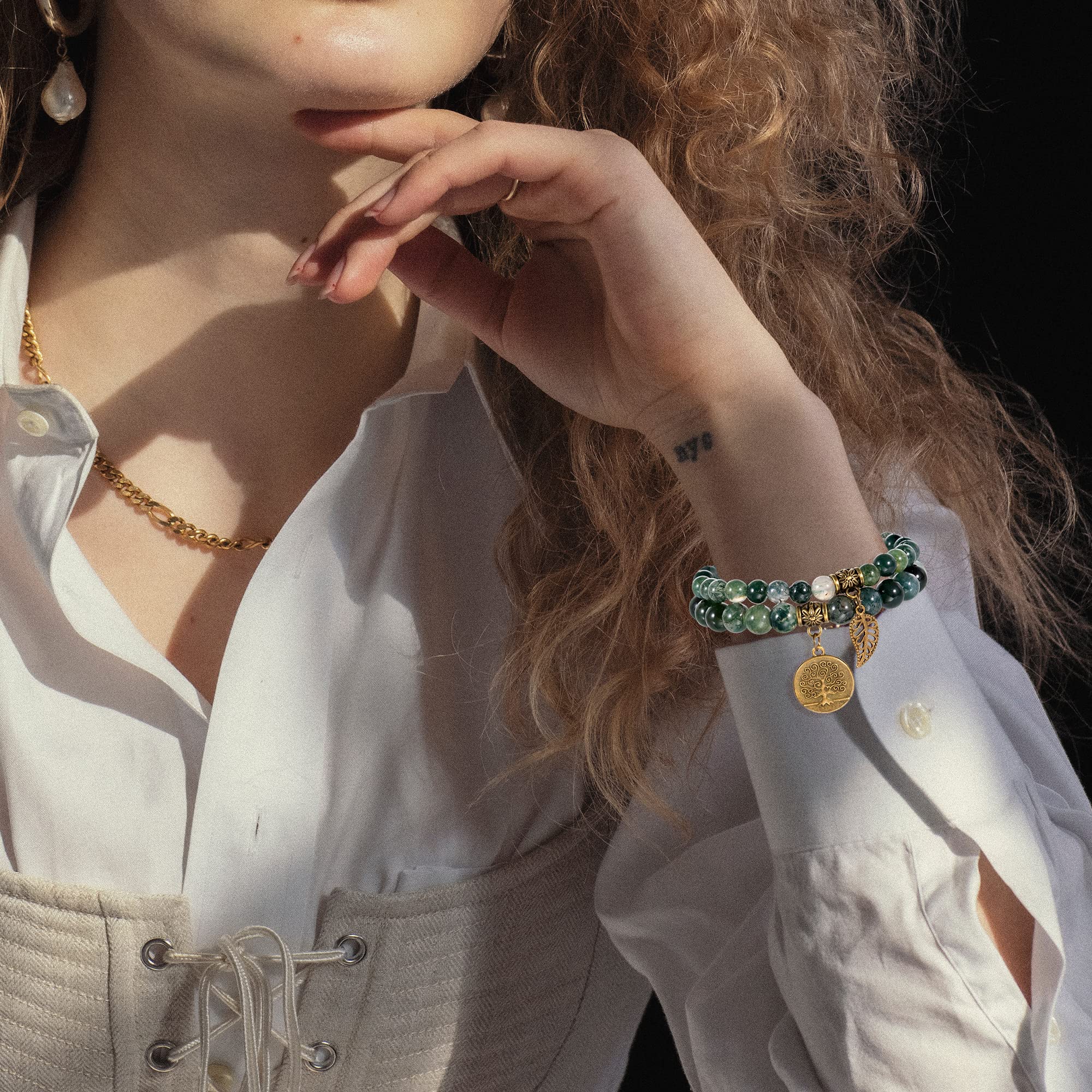 Farfume Braccialetti Chakra da donna - Bracciale con cristalli di pietre curative per donna Bracciale con pietre preziose naturali - Un set di braccialetti con doppia perla