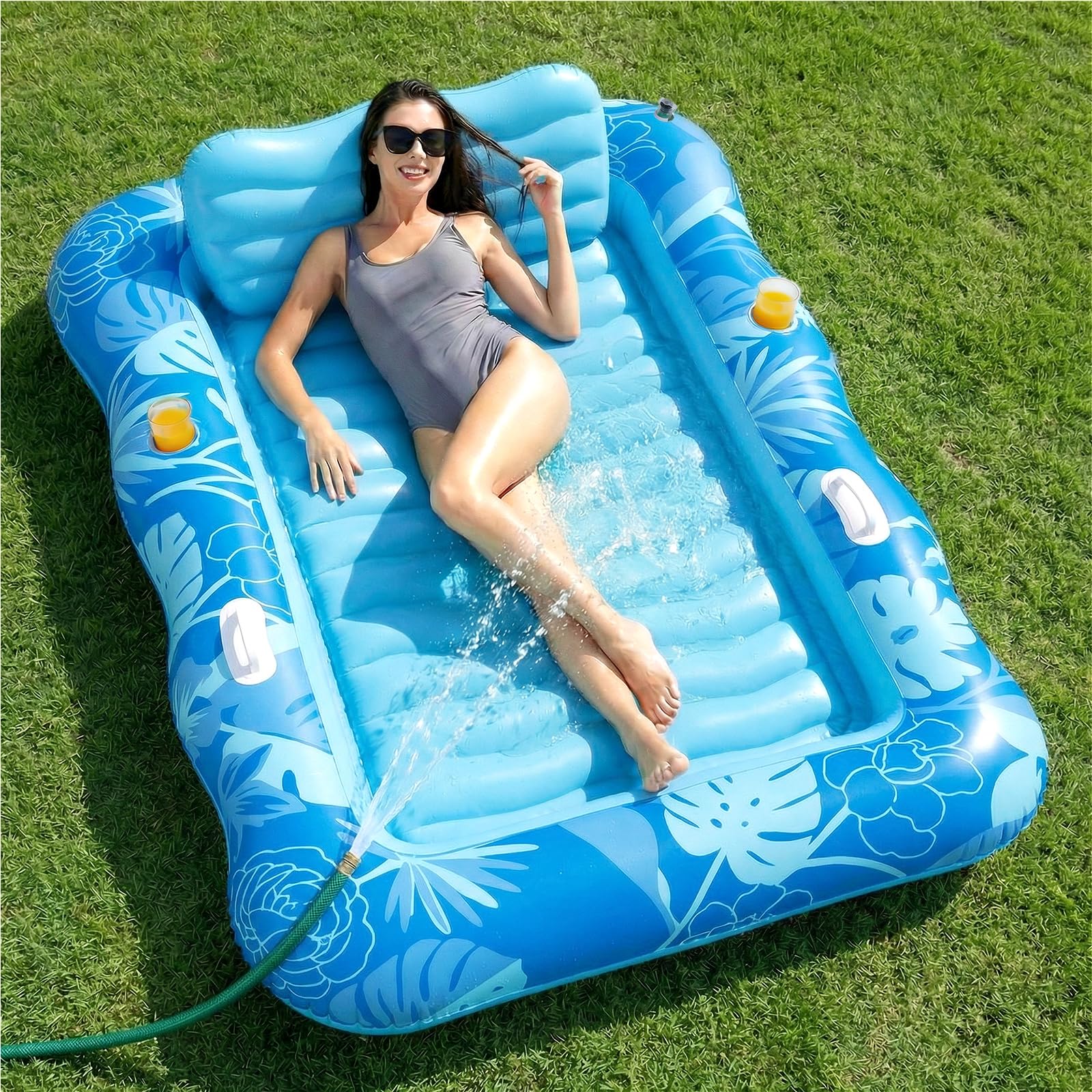 SOLAVERO Inflatable Tanning Pool Lounger Float, 190x130 cm Sunbathing Pool Float Raft Adult with Pillow, Inflatable Tanning Bed with Cup Holders and Handles, Large Water Sun Lounger for Sunmmer Party
