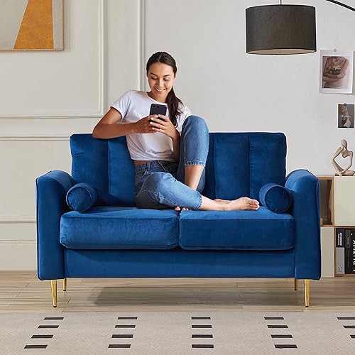 Miniatura 5 de MASTI Sofá biplaza de terciopelo azul de 59 pulgadas para espacios pequeños, muebles modernos con patas doradas y dos almohadas de cojín adecuado