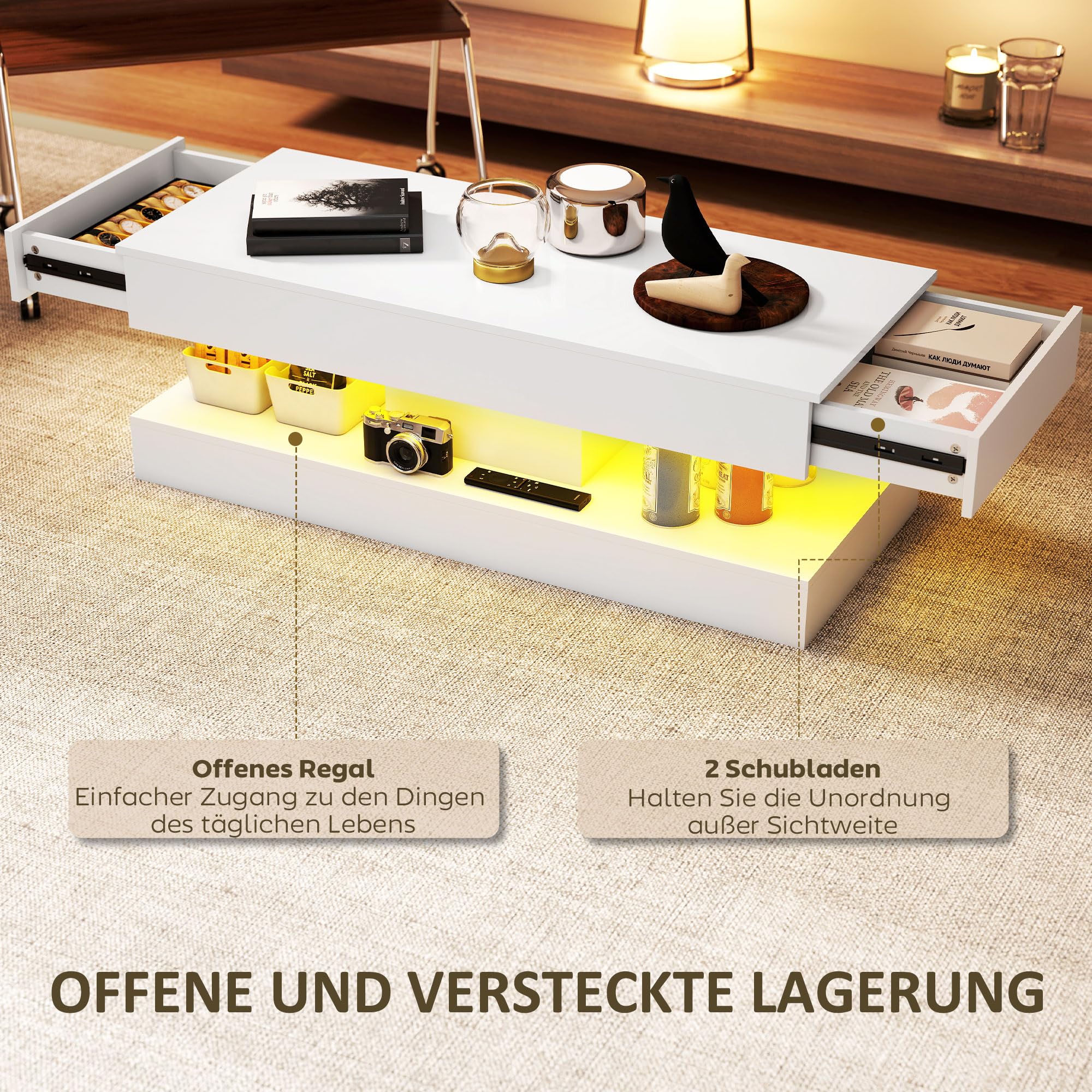 HOMCOM Couchtisch Hochglanz mit LED Beleuchtung 120 x 50 x 42 cm Weiß | Wohnzimmertisch, 12-Farbiger, Moderner Beistelltisch, 2 Schubladen, Offenes Regal, Kaffeetisch, für Wohnzimmer