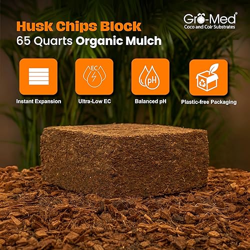 Miniatura 2 de Gro-Med Chips de cáscara de coco para plantas (10 libras) Los chips de coco comprimido se expanden hasta 16 galones de mantillo de fibra de coco