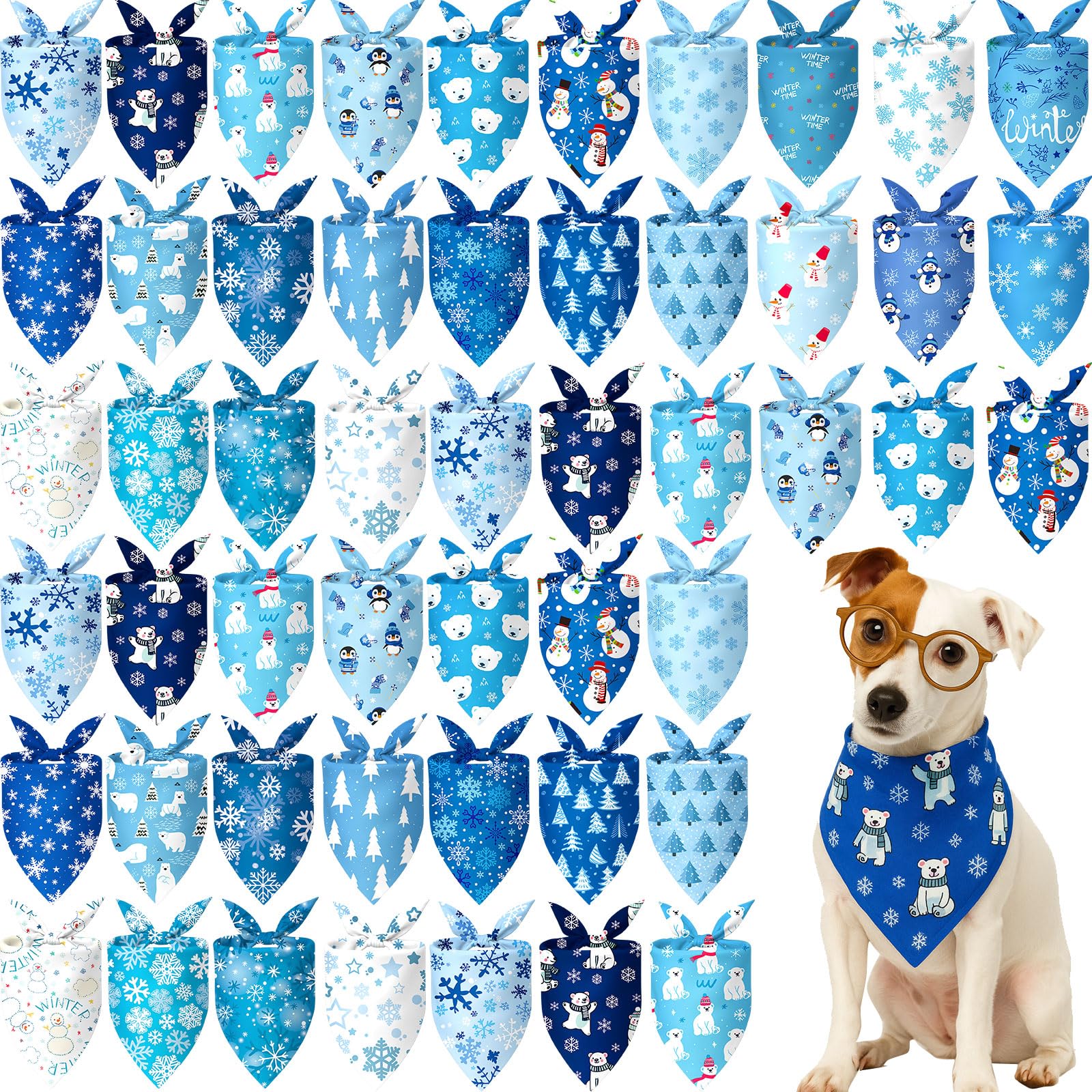 Preboun 50 Pcs Winter Dog Bandanas Bulk Blue Snowflakes Snowmen Bandanas for Dogs Triangle Kerchief Bibs Scarf Set for Pet Costume Photo Props Accessories Pet Shops, 25 Styles (19.7 x 13.8 x 13.8)