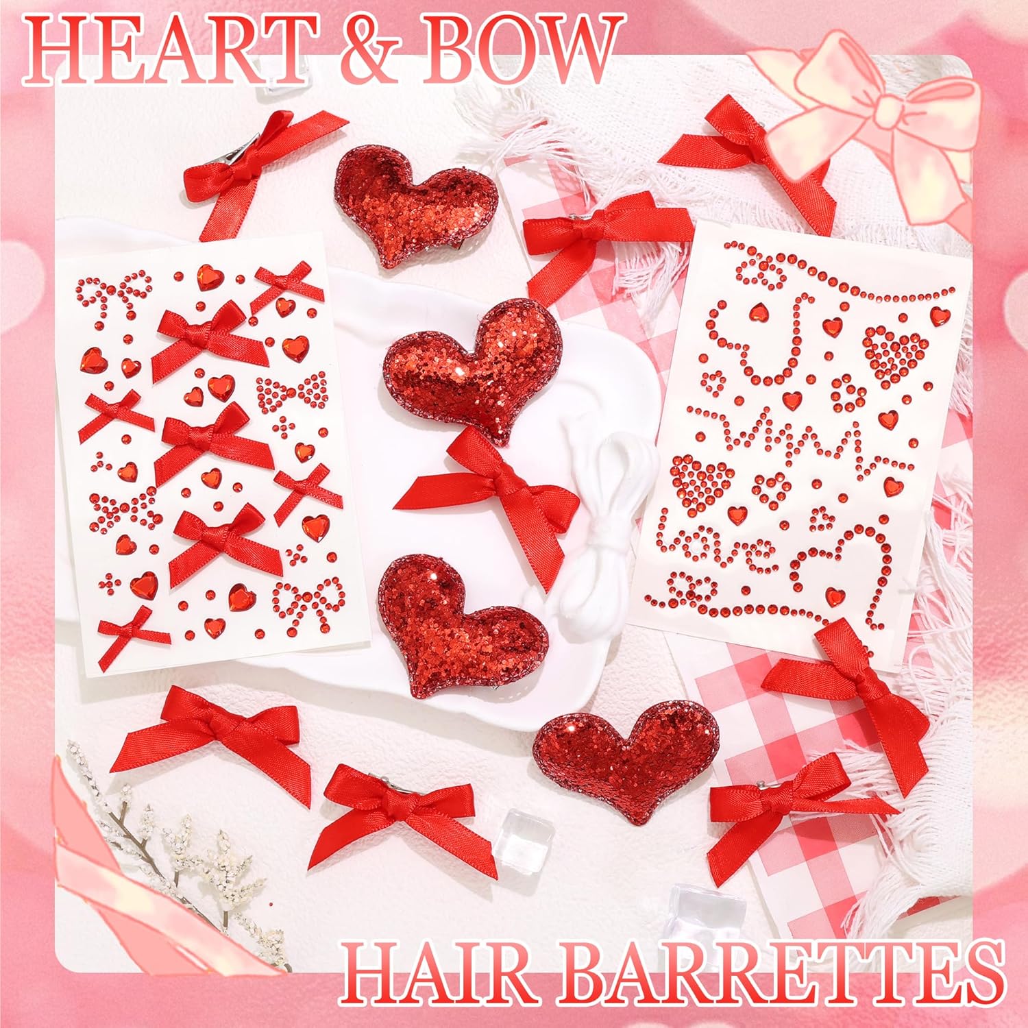 14PCS Heart Hair Clips Small Bow Clips Glitter Sequin Heart Hairpins With Bow Face Gems Stickers Mini Bowknot Hair Barrette Valentine Engagement Hair Accessories for Women and Girls - Image 4