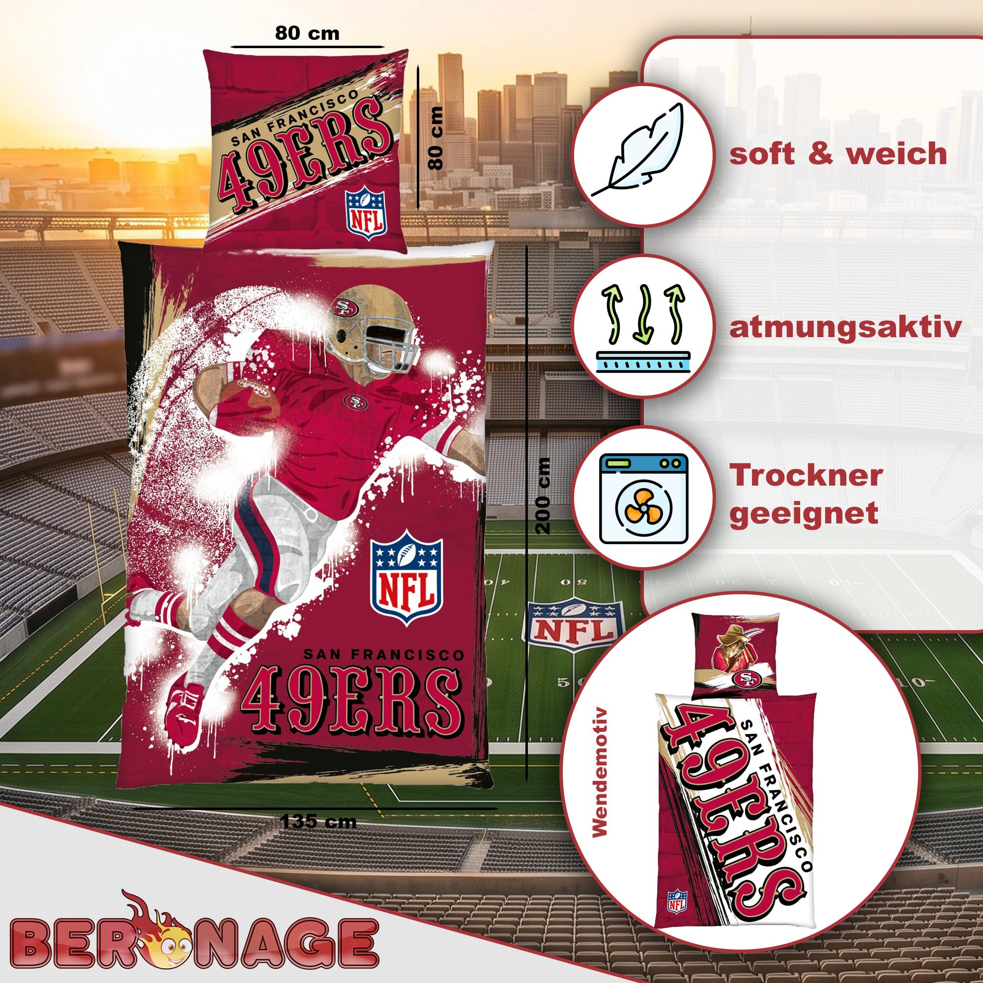 NFL pościel San Francisco 49ers Player 135 x 200 cm + 80 x 80 cm 100% bawełna w jakości renforcé-linon zamek błyskawiczny American Football Fan Super Bowl Sourdough Sam dwustronna poszewka w rozmiarze