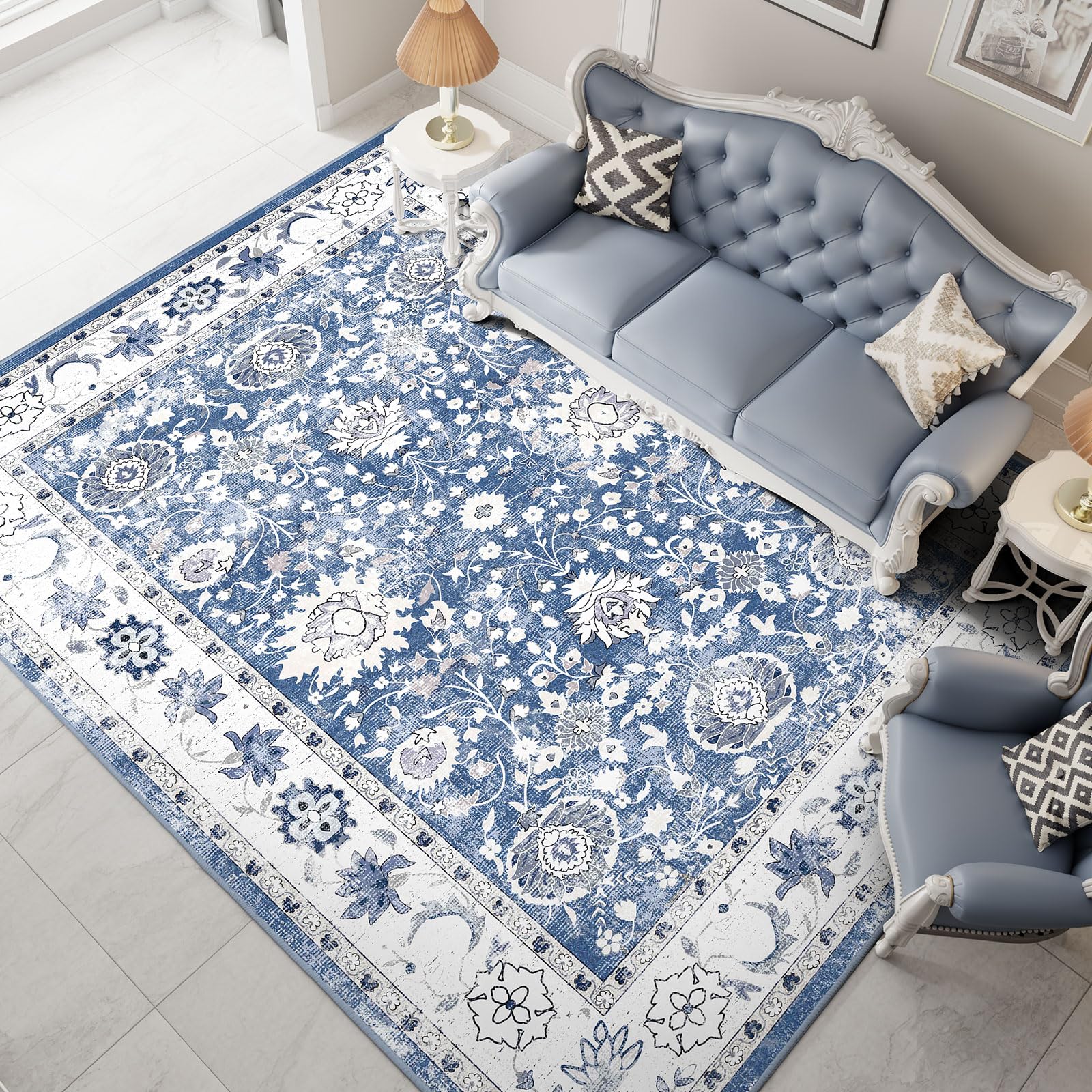 IKALIFE Alfombra Lavable Salon Vintage - Alfombra Pelo Corto Alfombra Sala Alfombras de Salon Antideslizante Grande para Habitacion Comedor Dormitorio 160x230 cm Azul