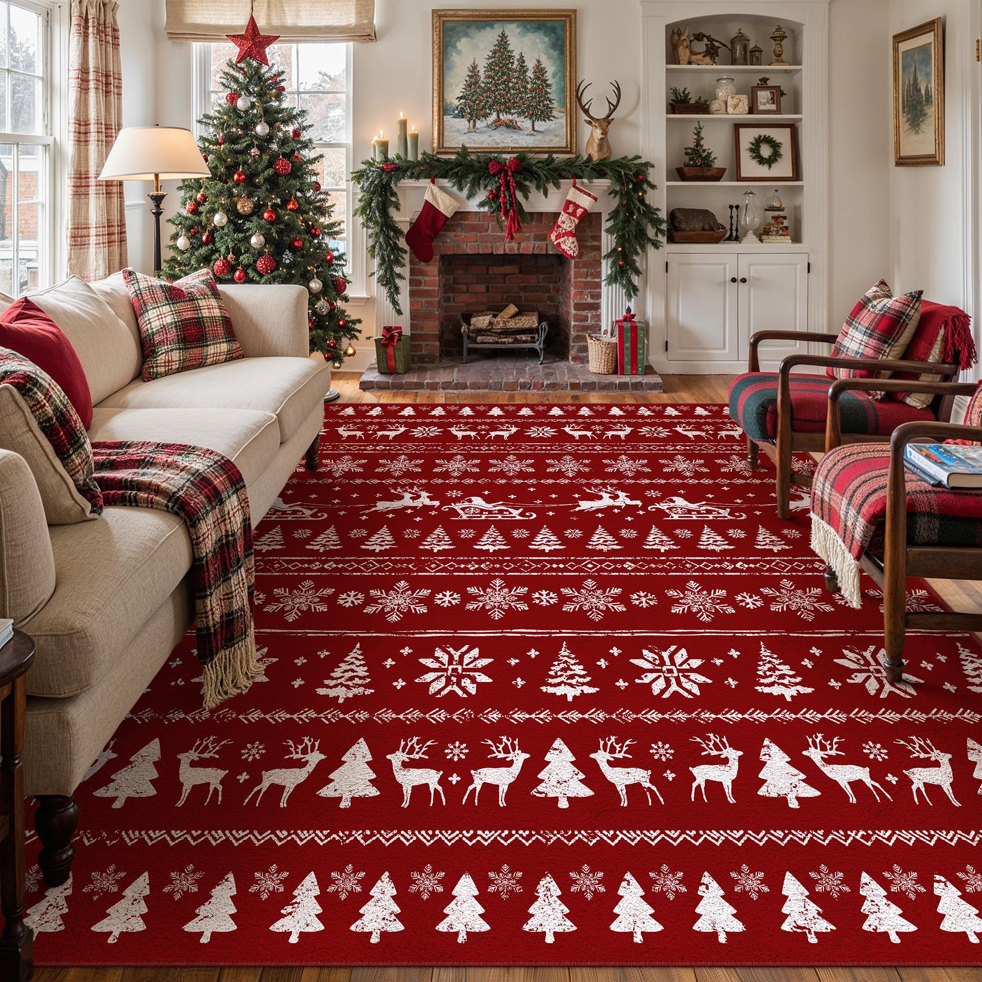 Tapis de Noël lavable PureCozy rouge dans une salle à manger festive