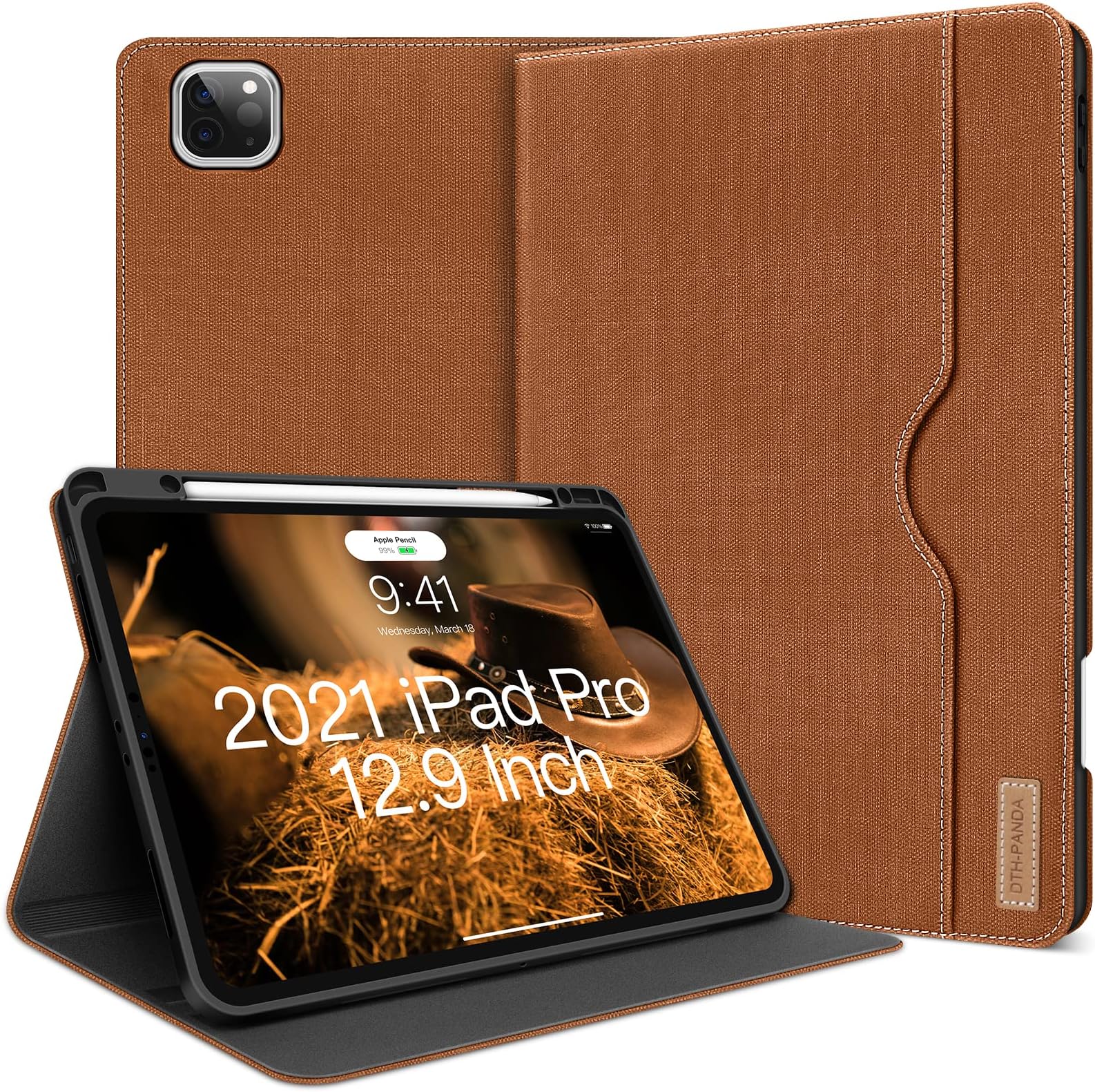 iPad Pro 12.9 Case for 6th/5th/4th/3rd Generation Case 2022 2021 2020 2018,PU Leather with Pocket and Pen Tray Holder, Folio stand with soft TPU back,Auto Sleep/Wake Function (Caramel Brown)
