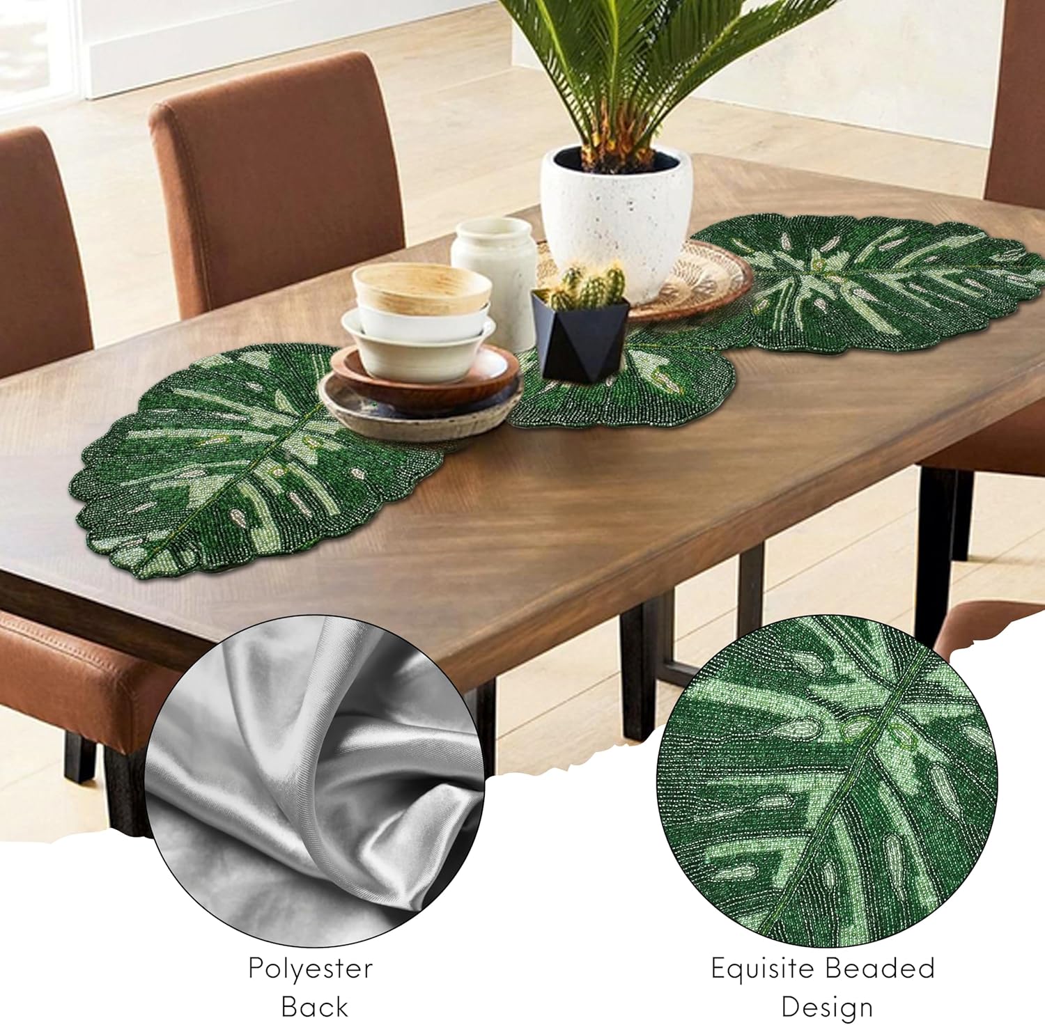 CLEENTABLE Luxury Glass Beaded Table Runner for Dining Table - 36x13 Inches Leaf Design Glitz Table Runner with Polyester Back for Tabletop, Wedding, Thanksgiving, Easter Party Decoration (Green)