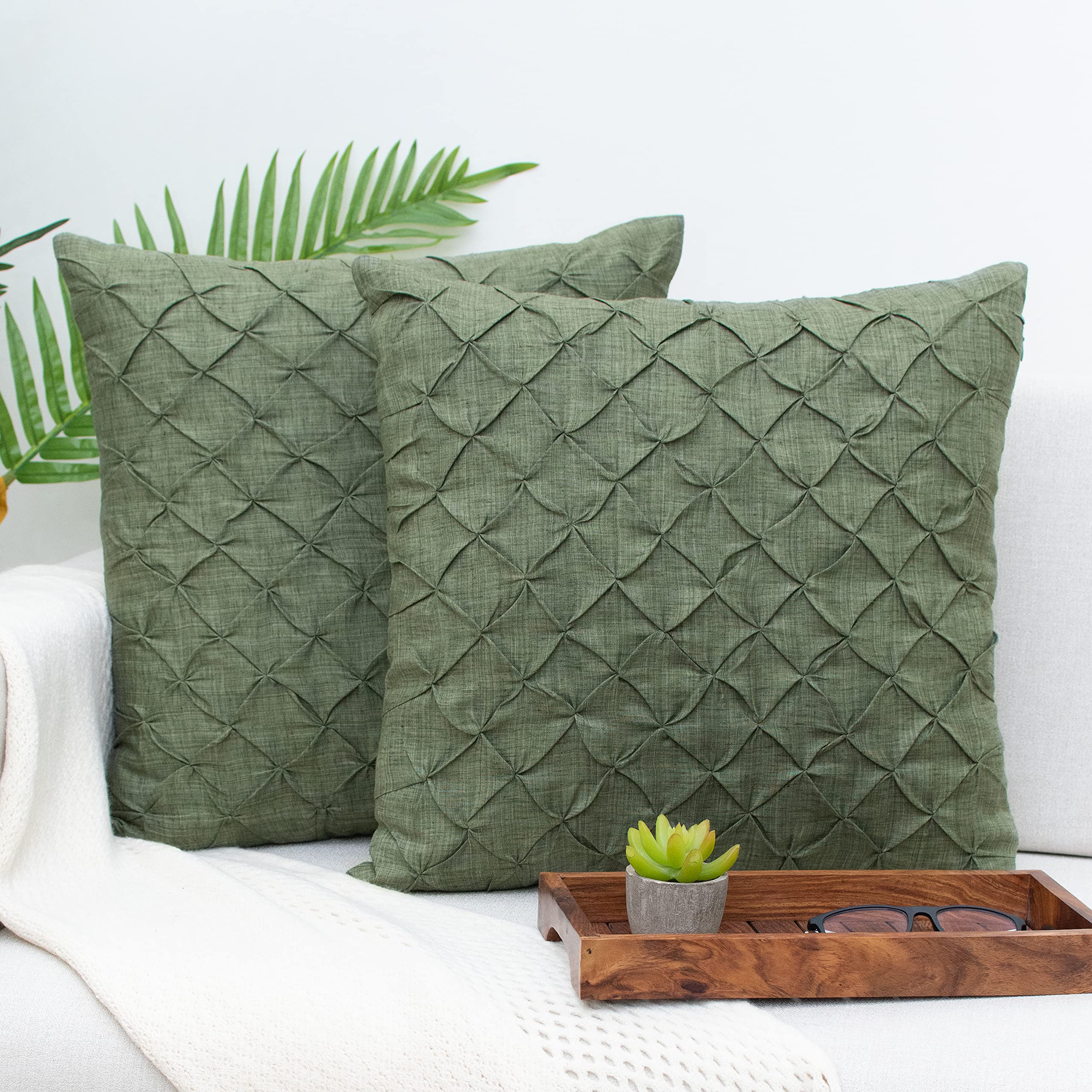 The White Petals Sage Green Bed Sham Covers - Faux Linen, Textured, Luxurious, Elegant & Decorative (Pinch Pleat, 26x26 inch, Pack of 2)