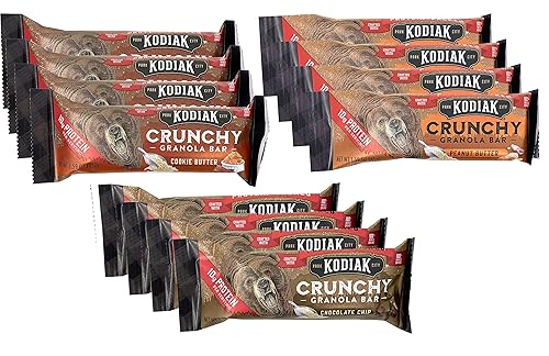Kodiak - Barras crujientes variadas de 12 barras de granola de proteínas, mantequilla de galletas, chispas de chocolate y mantequilla de maní (4 de