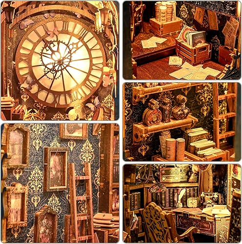 Miniatura 5 de Book Nook Kit,DIY Detective House Booknook,3D Wooden Puzzle Detective Bookend Decorative Bookshelf,with LED Light Book Nook Miniature Kits for