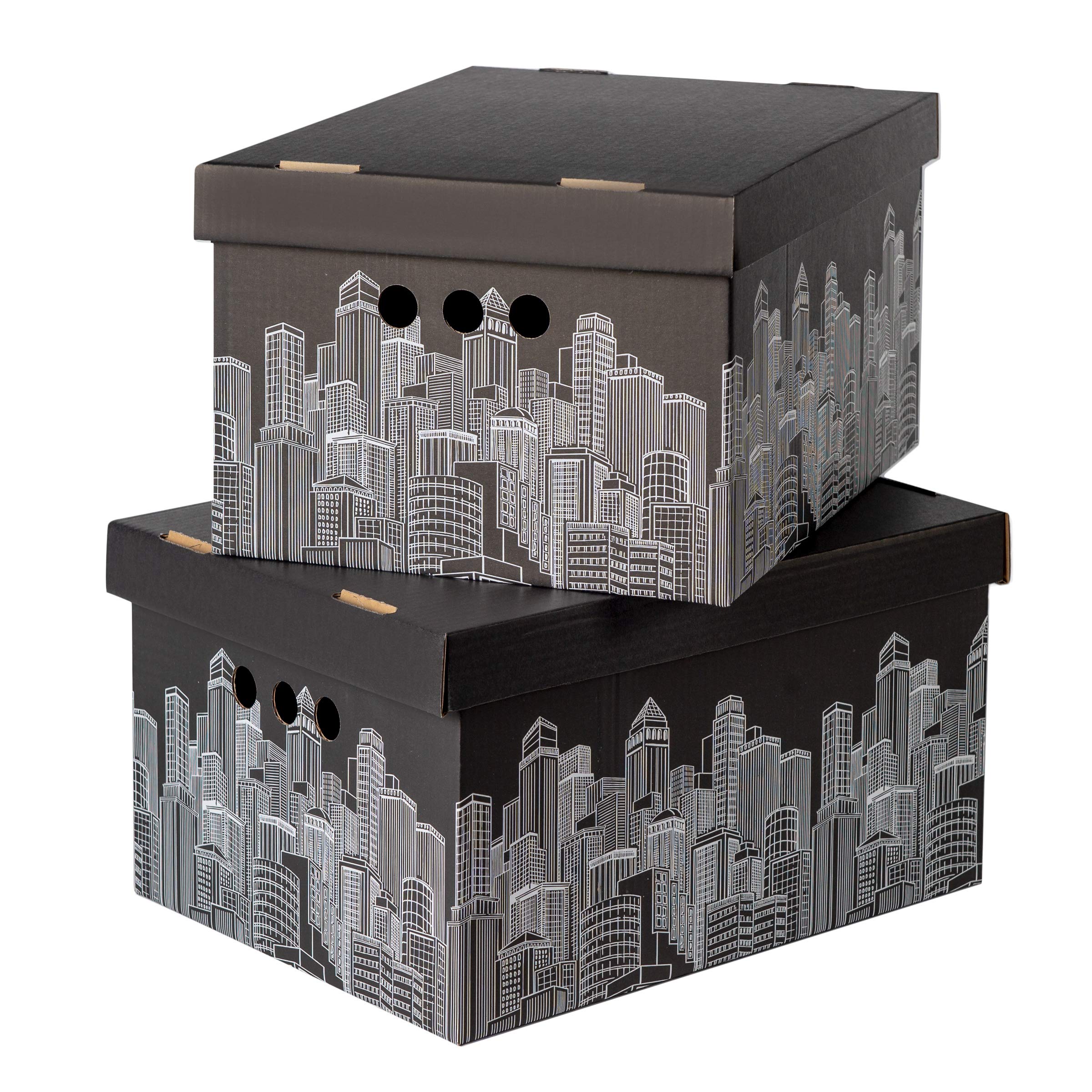 Pack of 2 Decorative Storage Boxes With Lids Home Office Bedroom Wardrobe Box Organiser Archive Box with Lid Multi-Use General Storage Archive Box with Lid Stylish Set XLarge City