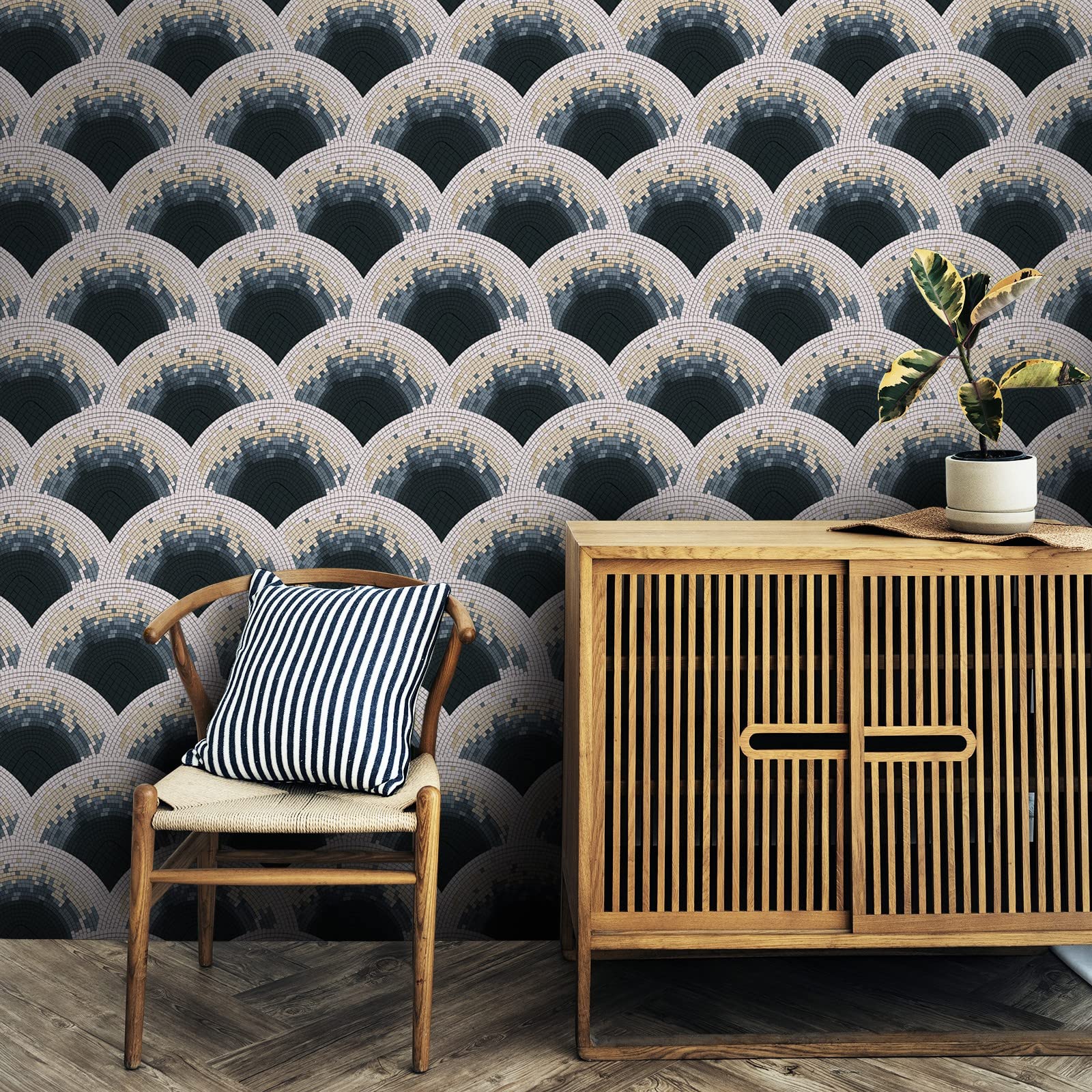 Fiula Blue Geometric Wallpaper Peel and Stick Wallpaper Fan-Shaped Removable self-Adhesive Wallpaper 16.1 "X118 Bedroom Wallpaper Easy Cleaning Vinyl Wallpaper