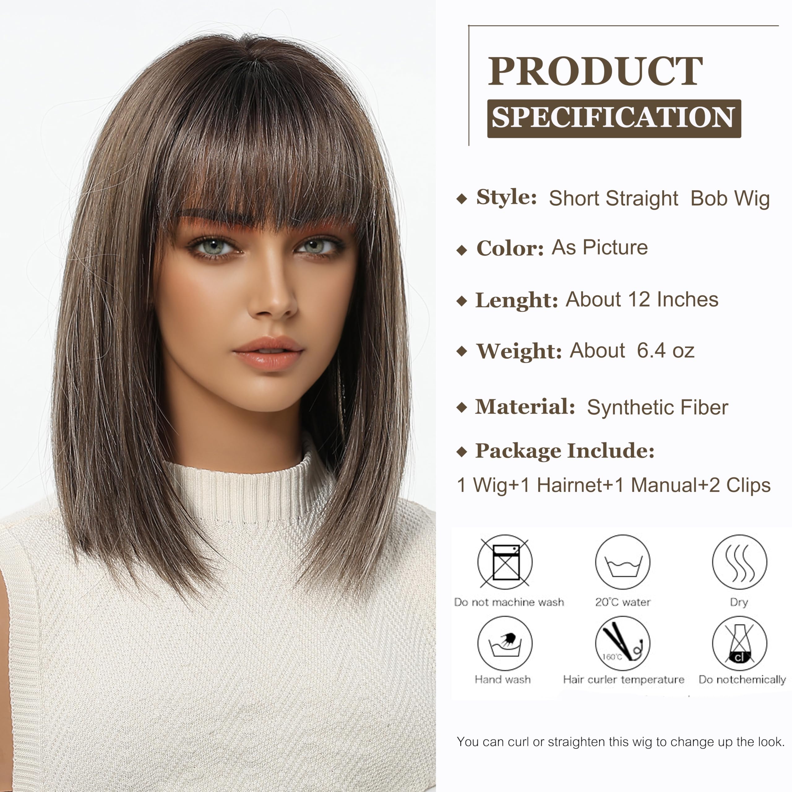 Esmee Short Straight Brown for Women Natural Synthetic Hair Ombre Wig for Daily & Party Use, Brown 1305-1, 12 Inches - Image 2