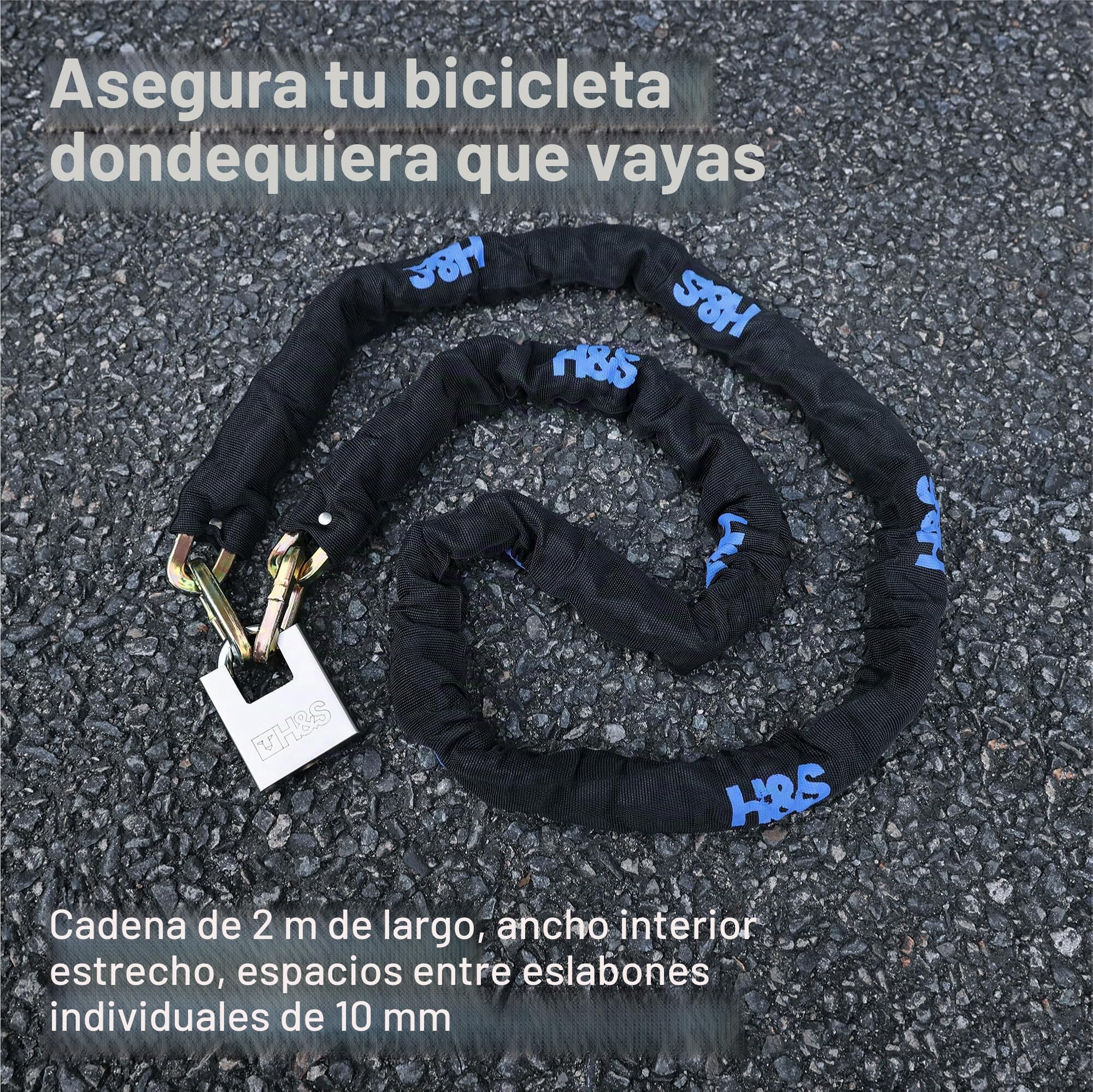 H&S Candado resistente para motocicleta con candado | 10 mm x 2 m | Candado para motocicleta y scooter con cadena de seguridad | Candado de bicicleta de 2 m de alta seguridad | Cadena fuerte y candado