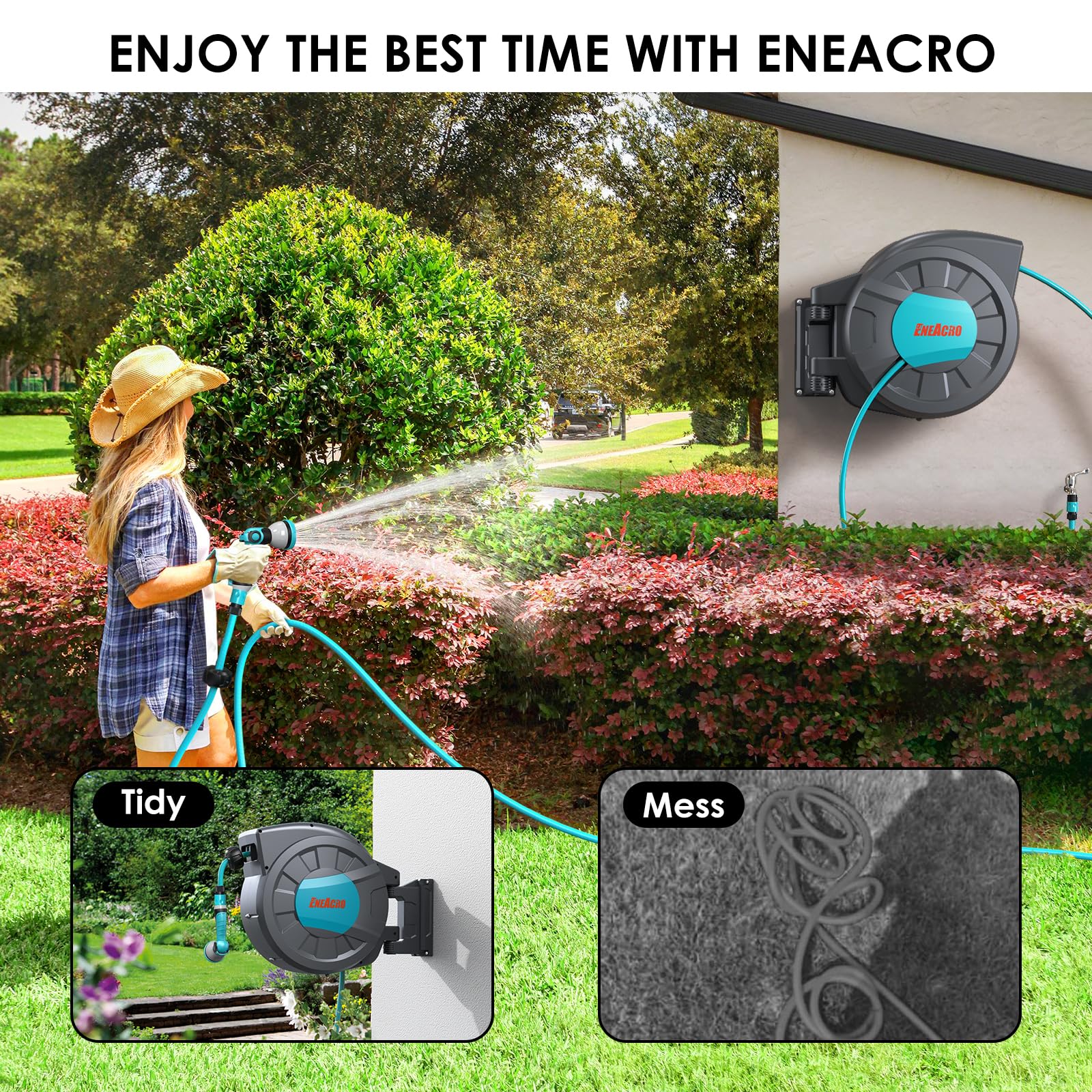 ENEACRO Garten Schlauchbox Wandmontage 35+2m mit Aufroll-Automatik, 180° Schwenkbar, 10 Funktions Sprühdüse, Flexible Bewässerung für große Gärten