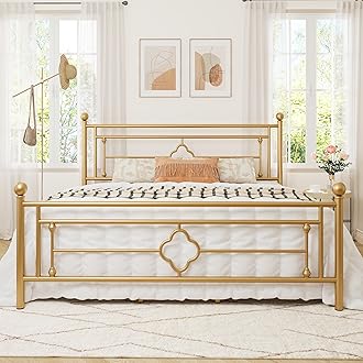 Allewie King Size Metal Platform Bed Frame with Victorian Vintage Headboard and Footboard/Mattress Foundation/Under Bed Storage/No Box Spring Needed/Noise-Free/Easy Assembly, Gold