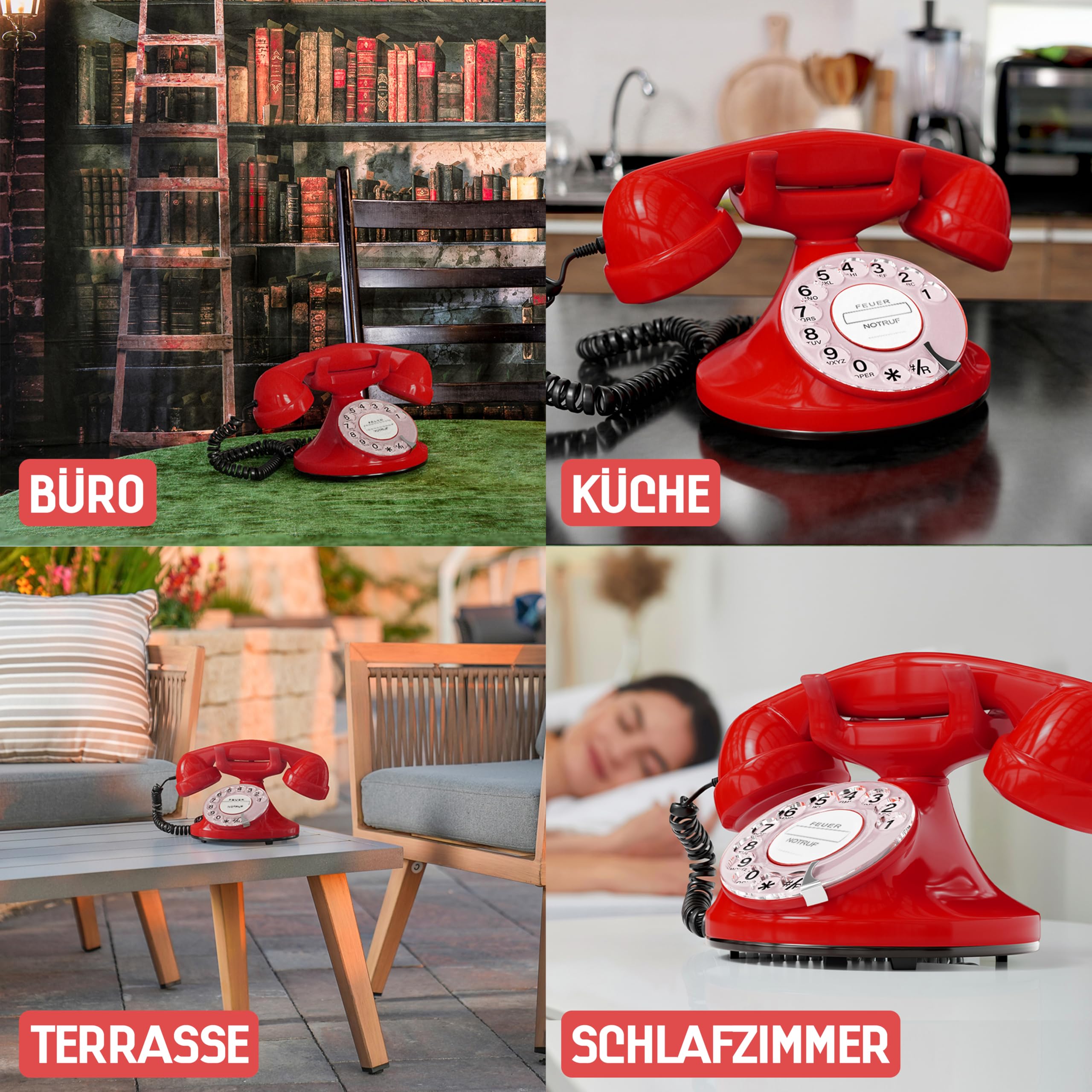 Opis FunkyFon Cable : Das Nostalgie Retro Telefon mit Wählscheibe - Nachbau von klassischem Vintage Wählscheibentelefon im geschwungenem 1920er Stil mit elektronischer Klingel (rot)