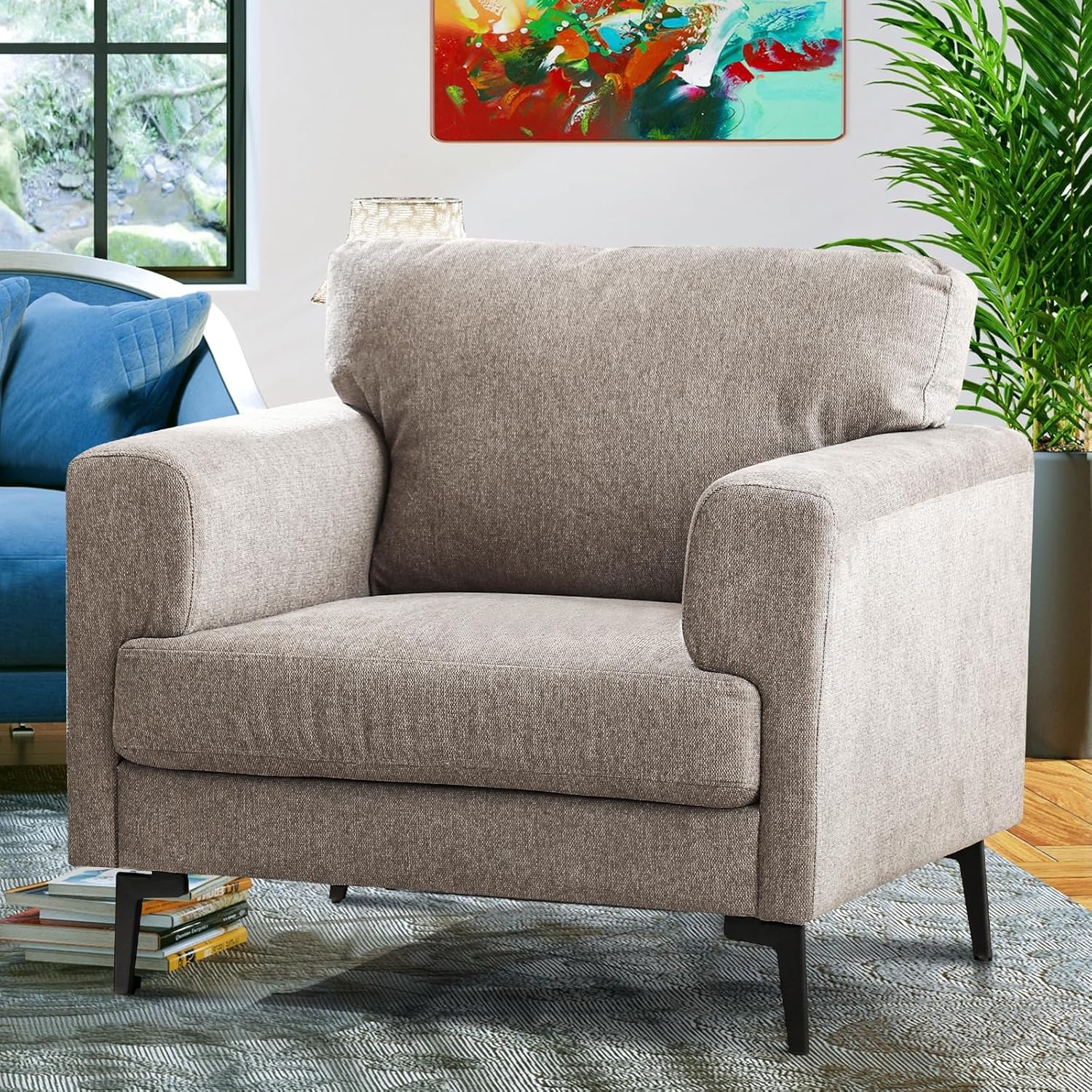 CDCASA Oversized Accent Chair, Linen Fabric Mid Century