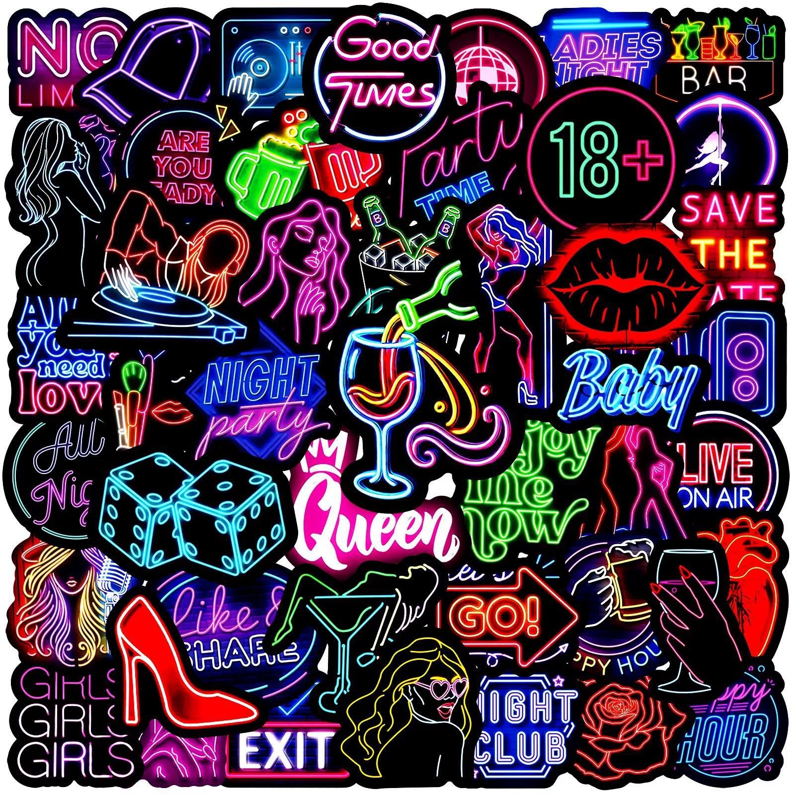 Affoto Girls Nightclub Stickers For Laptop(50 Pcs),Gift For Children Teens Adults Boys,Neon Waterproof Stickers For Skateboard,Scrapbook,Bike,Phone,Computer,Luggage Water Bottle Guitar
