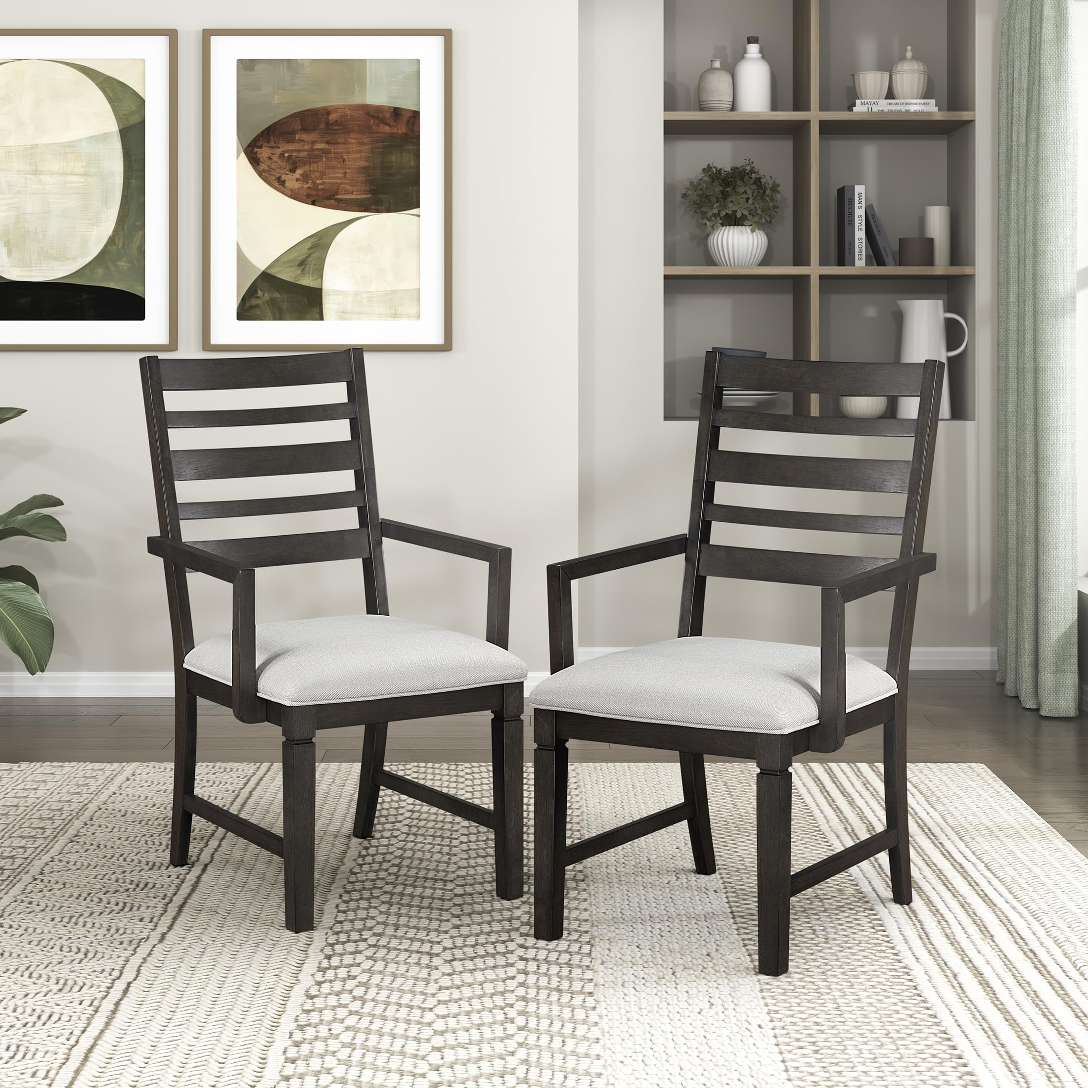 Lexicon Dining Arm Chairs Set of 2, Wood Frame and Beige Textured Fabric Upholstered Seat, Ladder Back, Accent Seating with Arms for Dining Room,