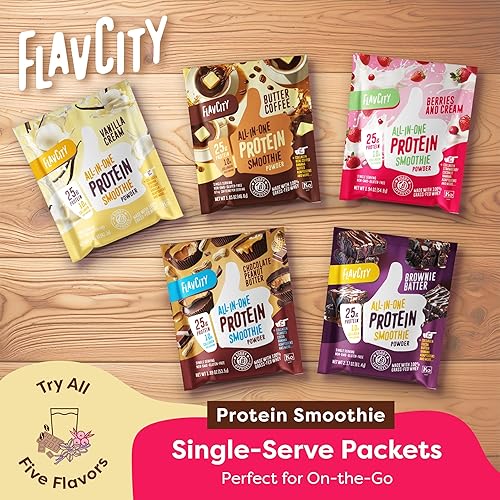 Miniatura 3 de Polvo de Proteína de Suero Alimentado con Hierba FlavCity - Paquete de Variedad - 25g de Proteína y 10g de Colágeno - 5 Sobres de Porción Individual