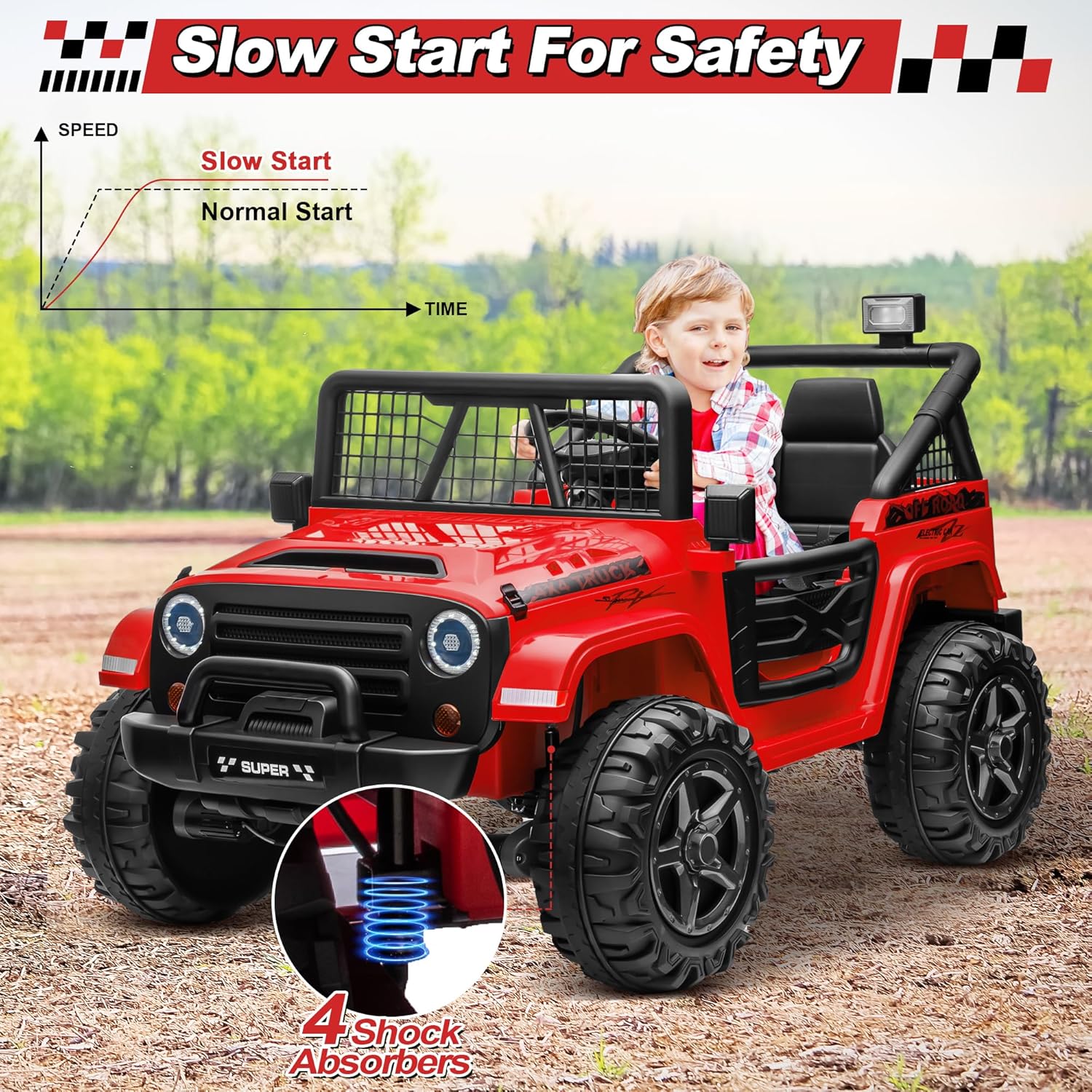 Child in the ride-on jeep, highlighting the slow start safety feature and shock absorbers.