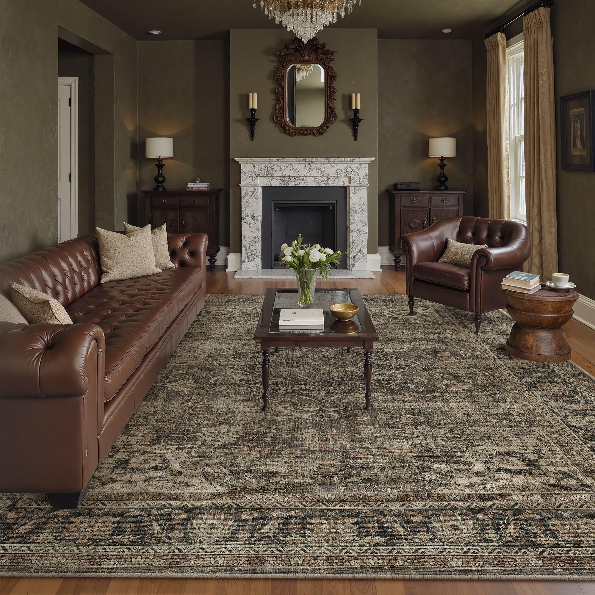 wondrg 8x10 washable brown area rug vintage living room bedroom carpet non-slip soft low pile distressed indoor large throw rug for dining room office
