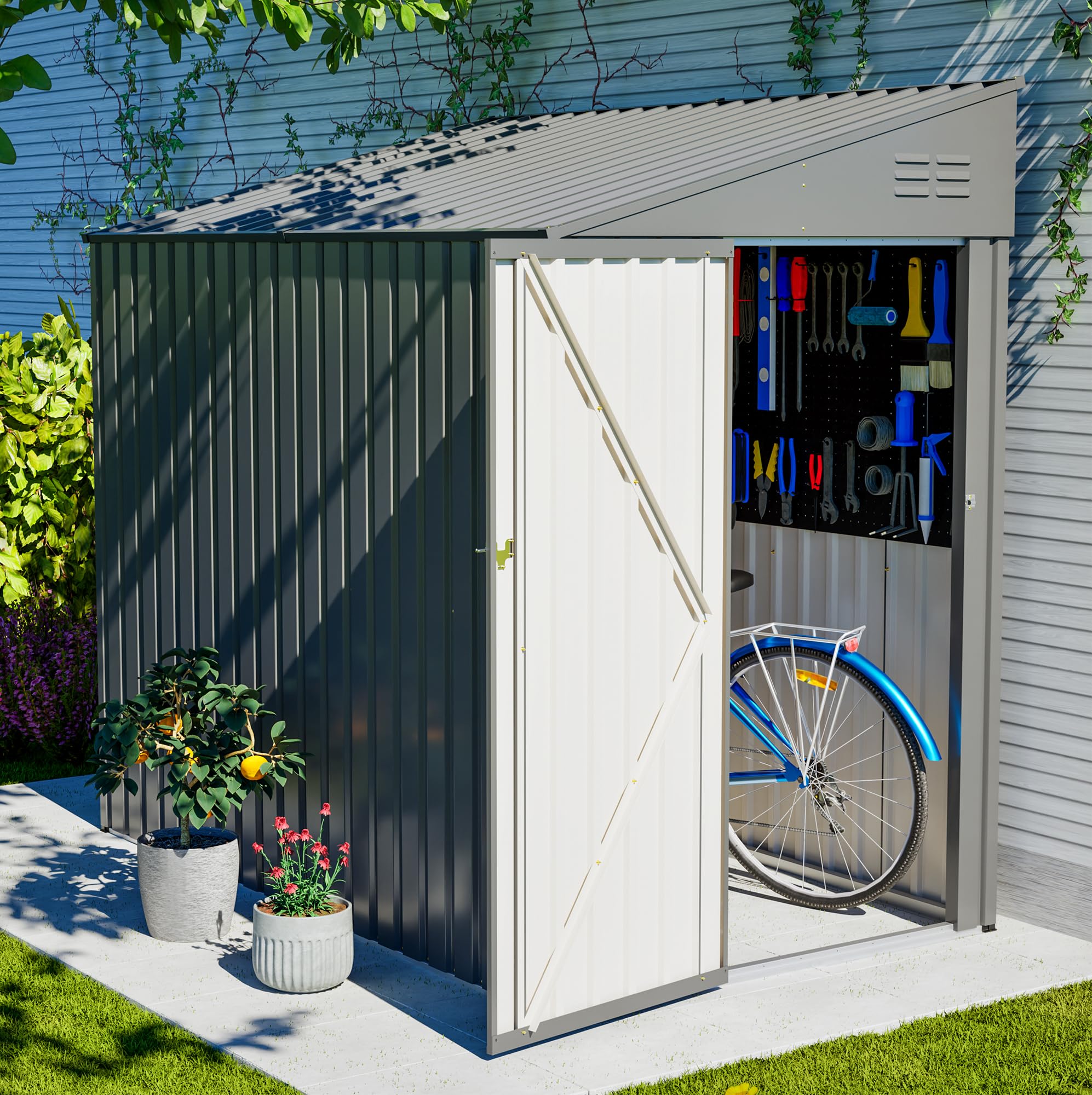 YOPTO 4x7 FT Outdoor Storage Shed Lean to Shed,Metal Shed W/Lockable Door &amp; Air Vent,All Weather Waterproof Garden Tool House W/Reversible Installation,for Backyard,Patio,Lawn,Dark Gray