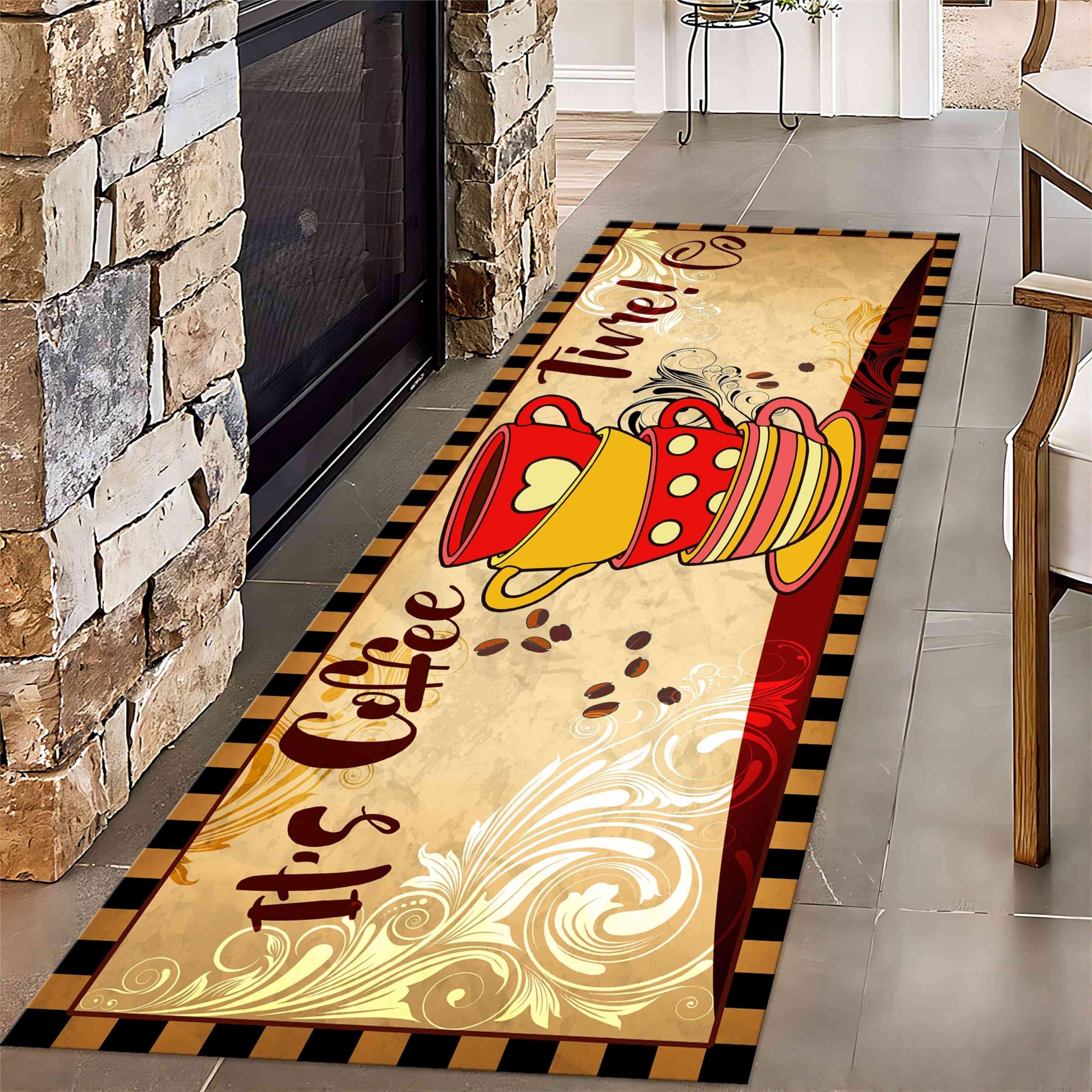 LHOMKCV Coffee Time Rug for Runner, 2x7ft, Retro Coffee Cups Print Kitchen Mat, Modern Striped Border Accent Hallway Rug, Non-Slip Low-Pile Washable